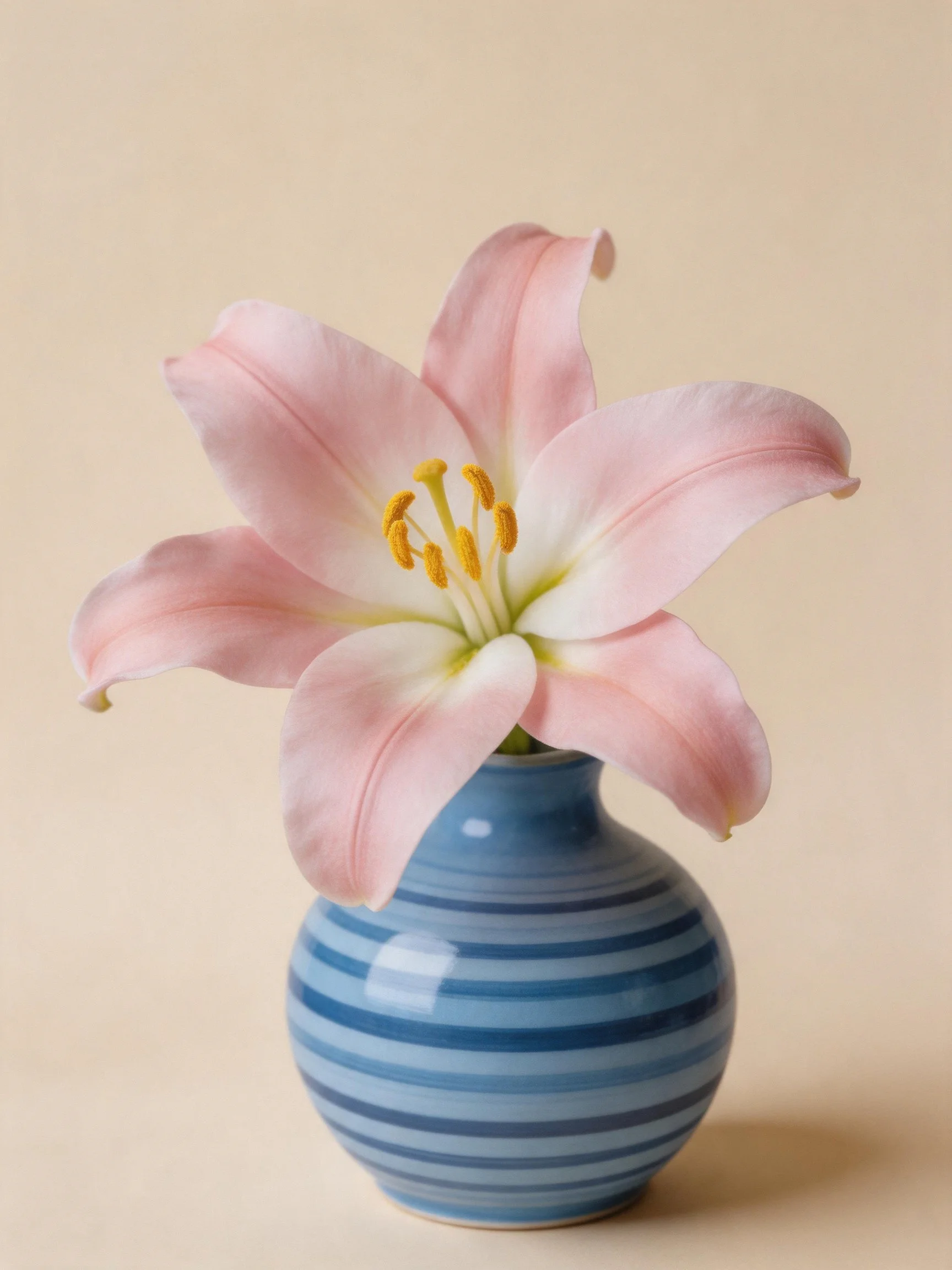 Single pink lily in blue striped vase