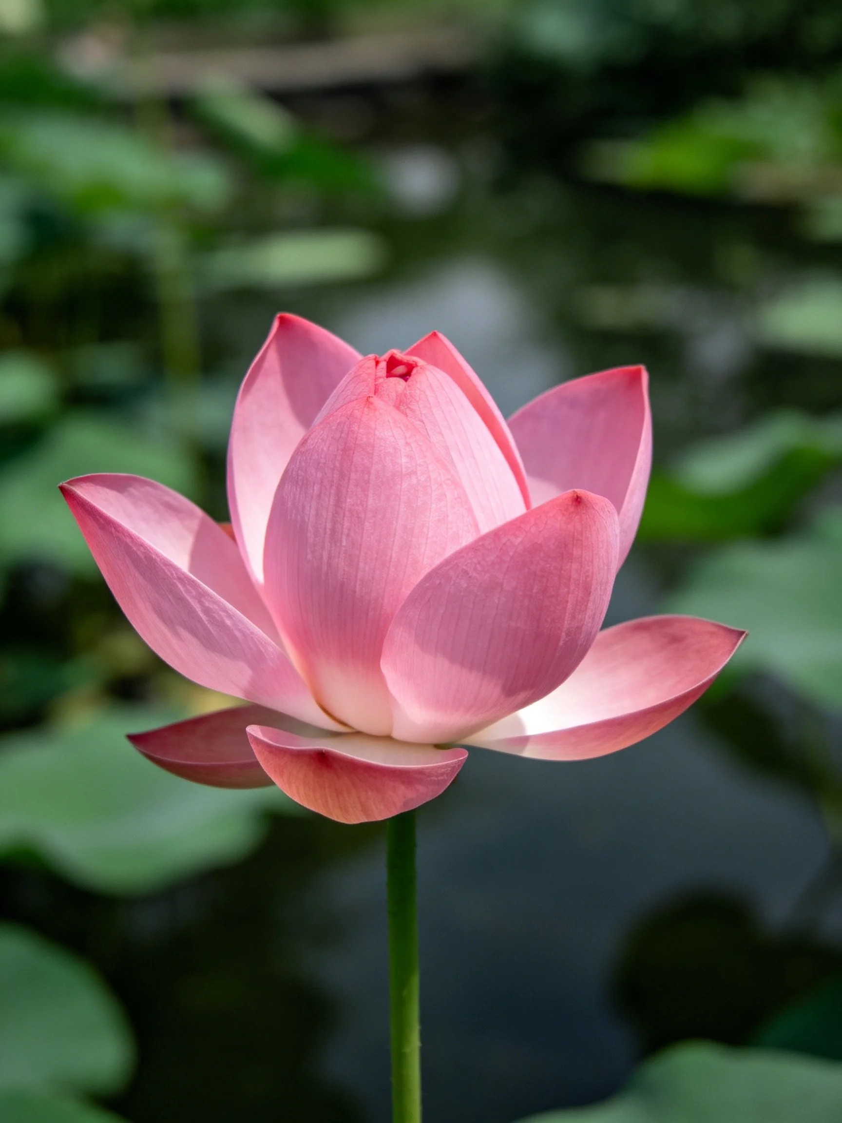Single pink lotus blooming among green foliage