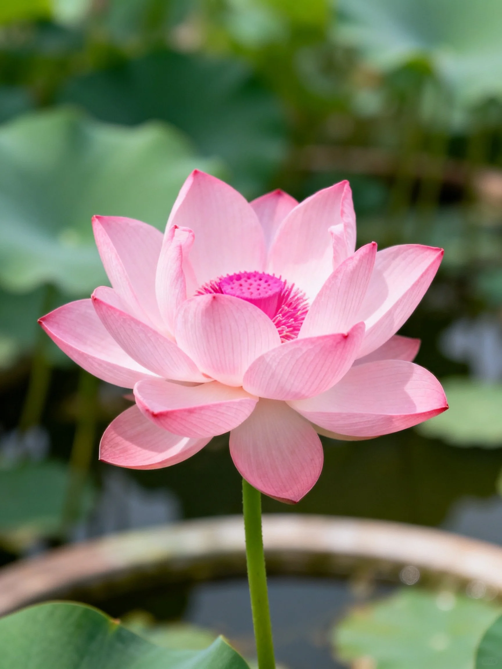 Single pink lotus blooming among green foliage near water
