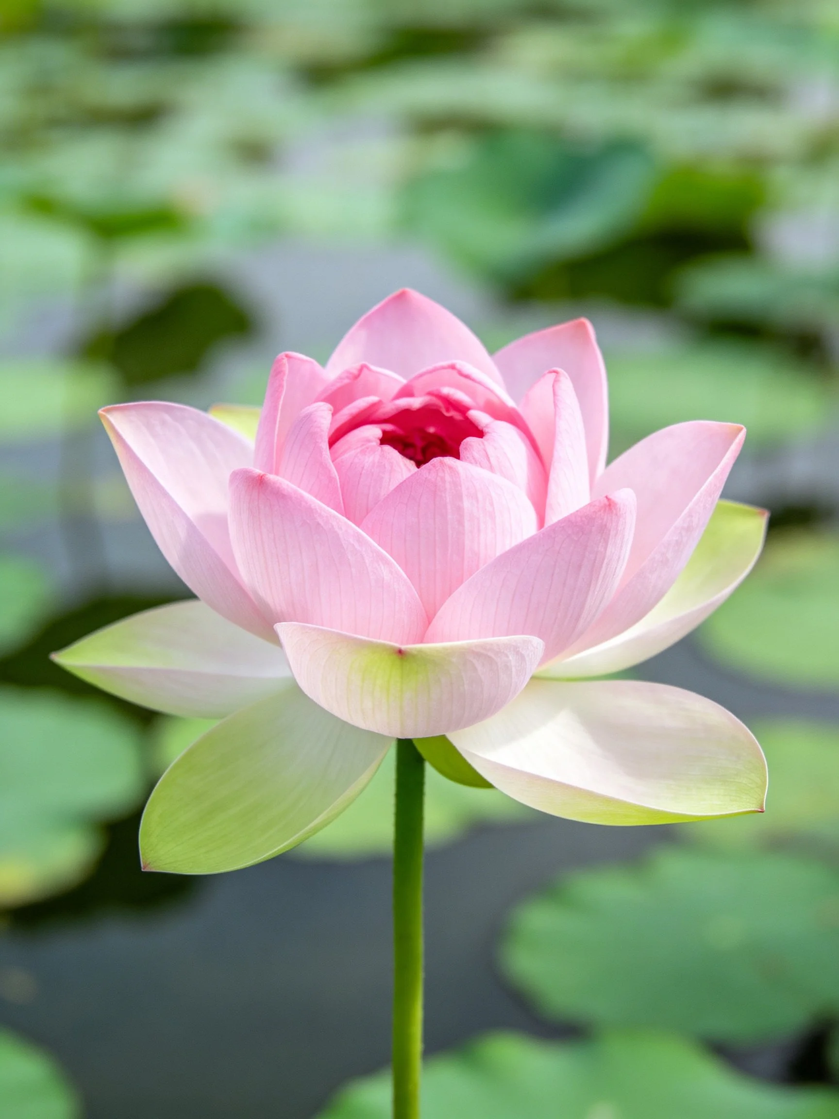 Single pink lotus blooming near green lily pads