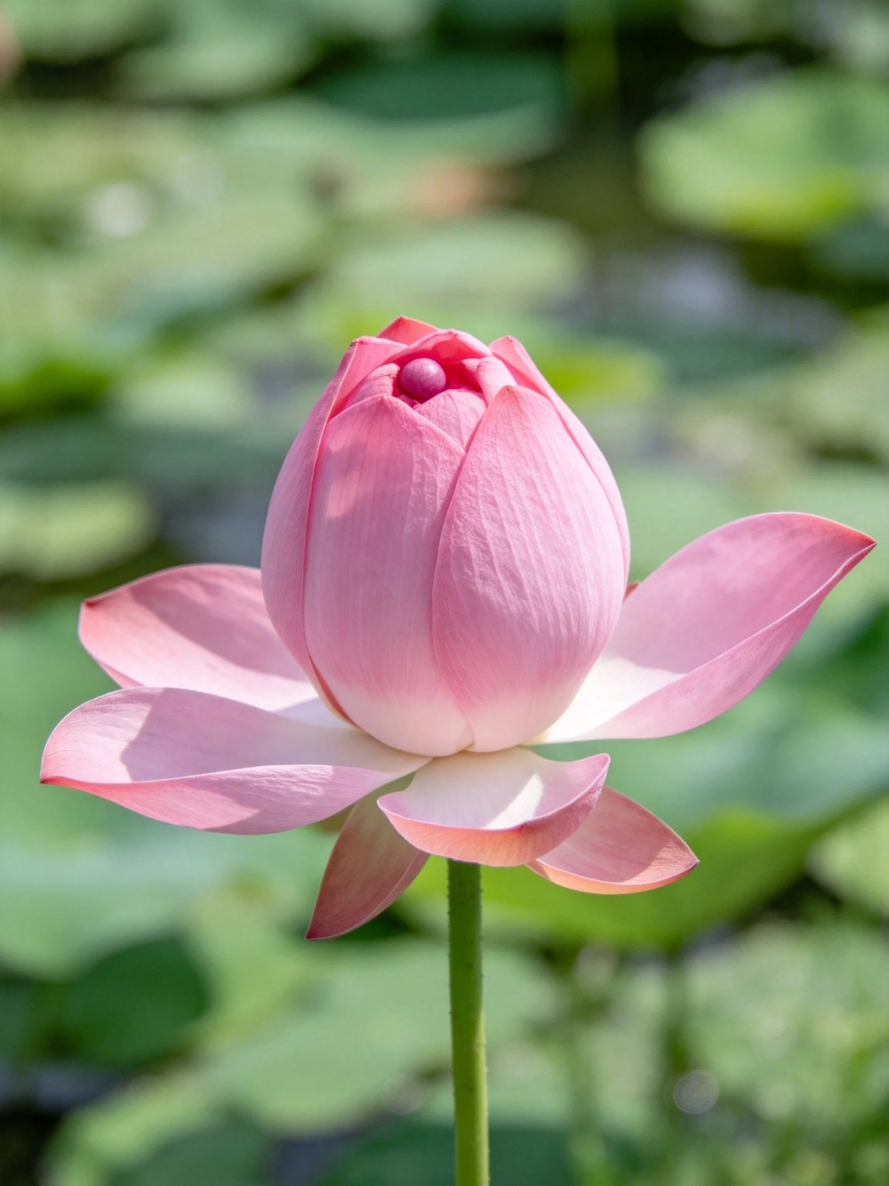 Single pink lotus bud with partially opened petals among lily pads