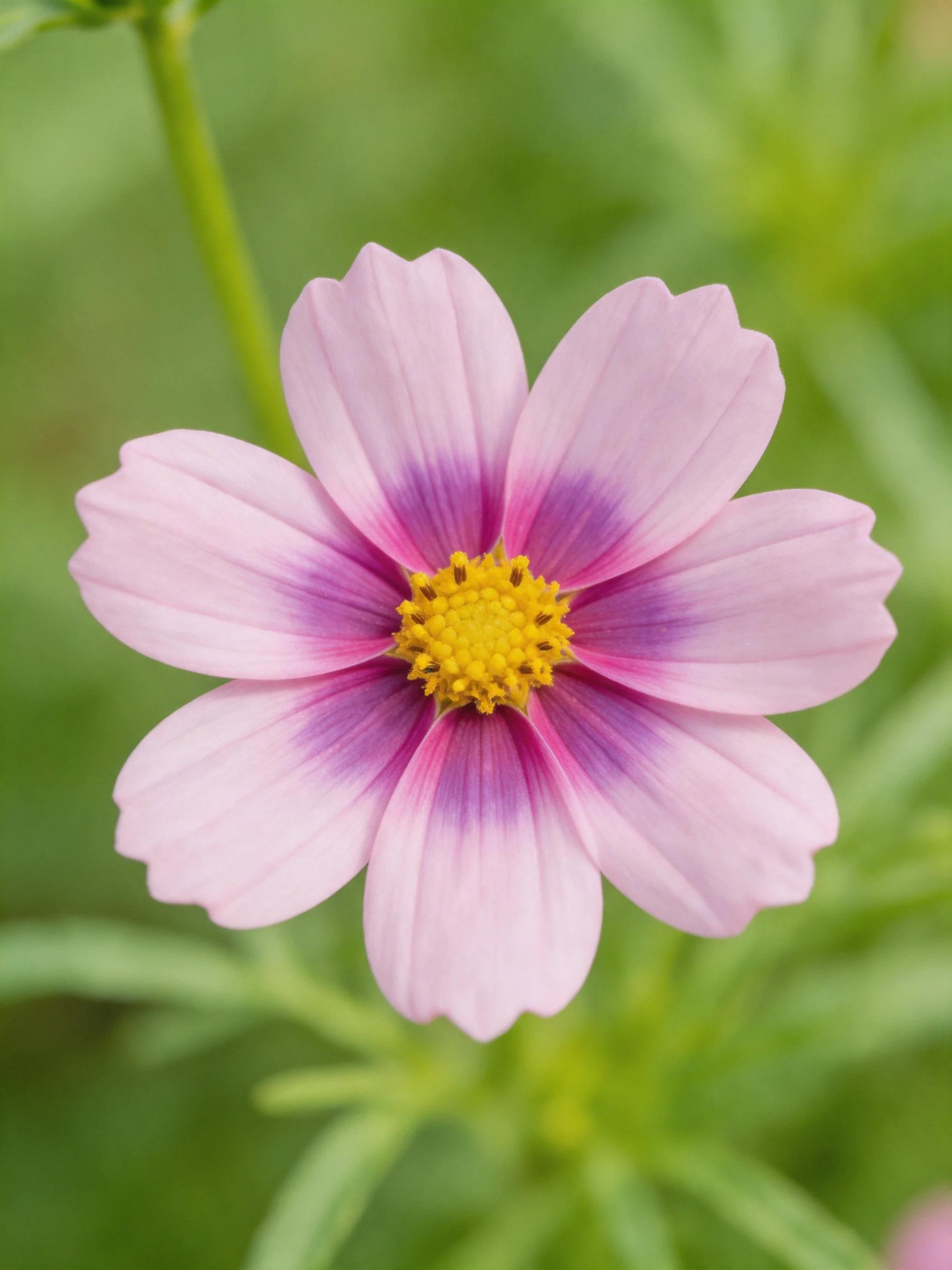 Single pink-purple cosmos flower with yellow center amid green foliage