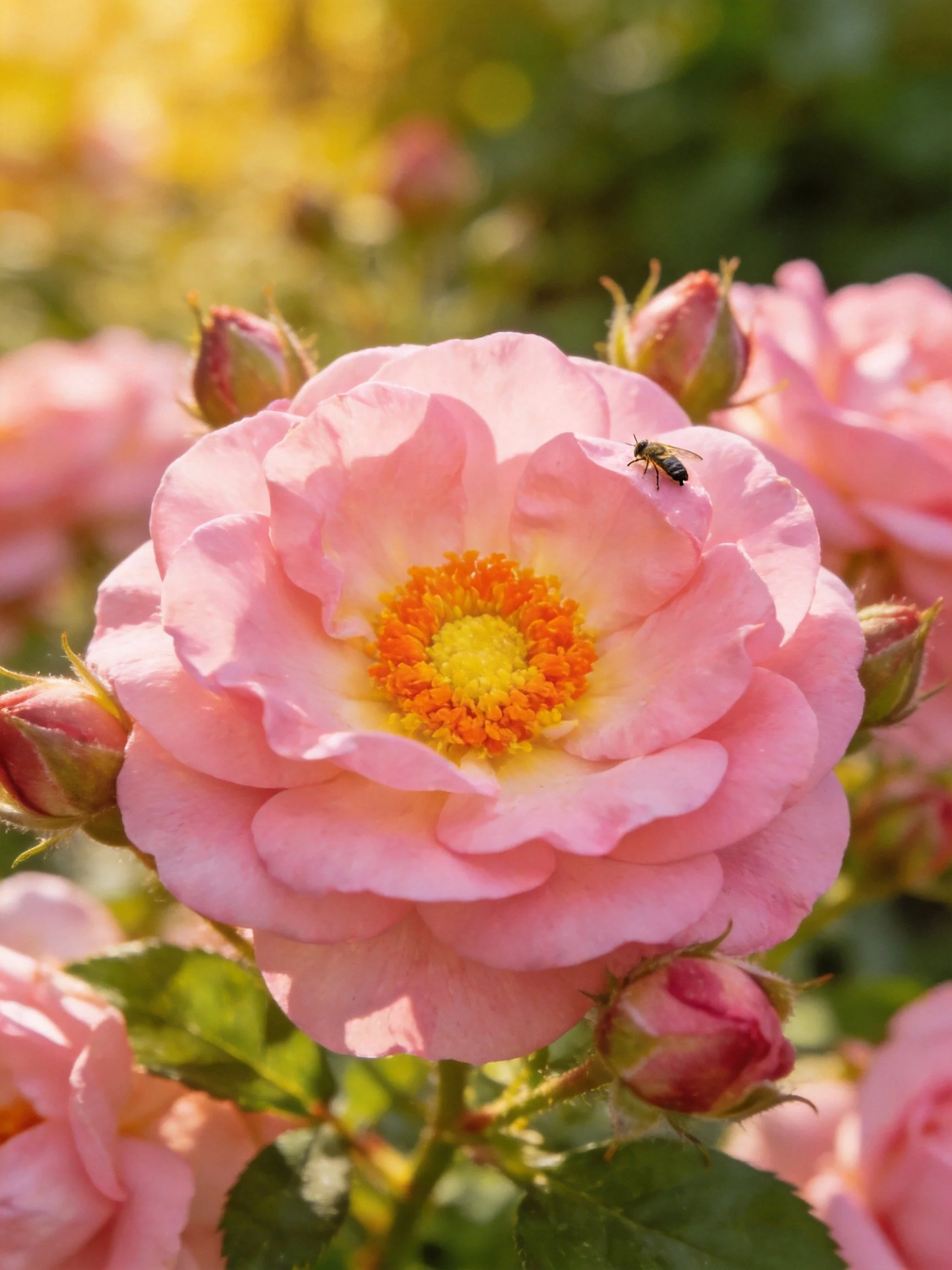 Single pink rose bloom with a bee, buds, and green leaves