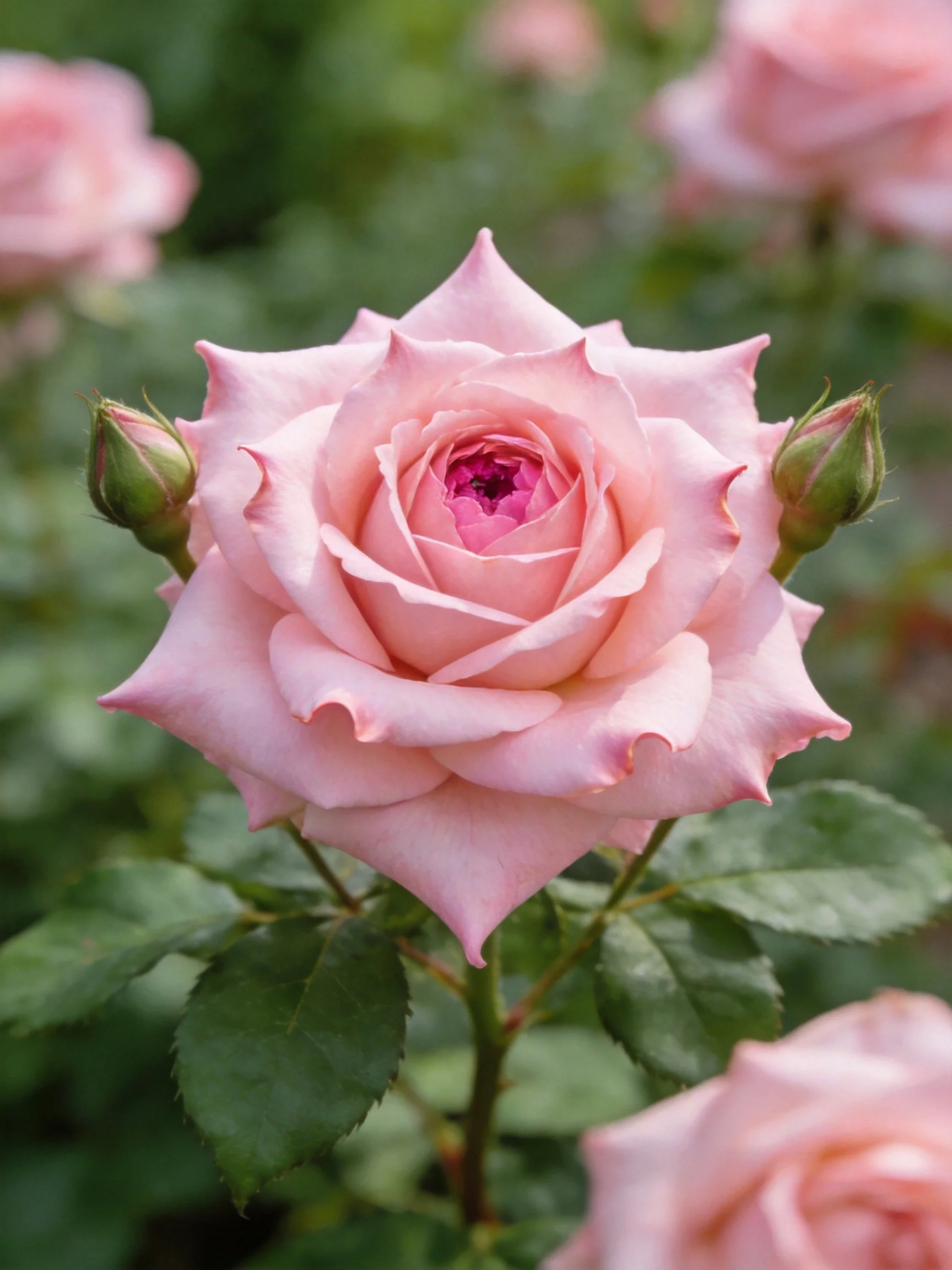 Single pink rose blooms with two buds nearby