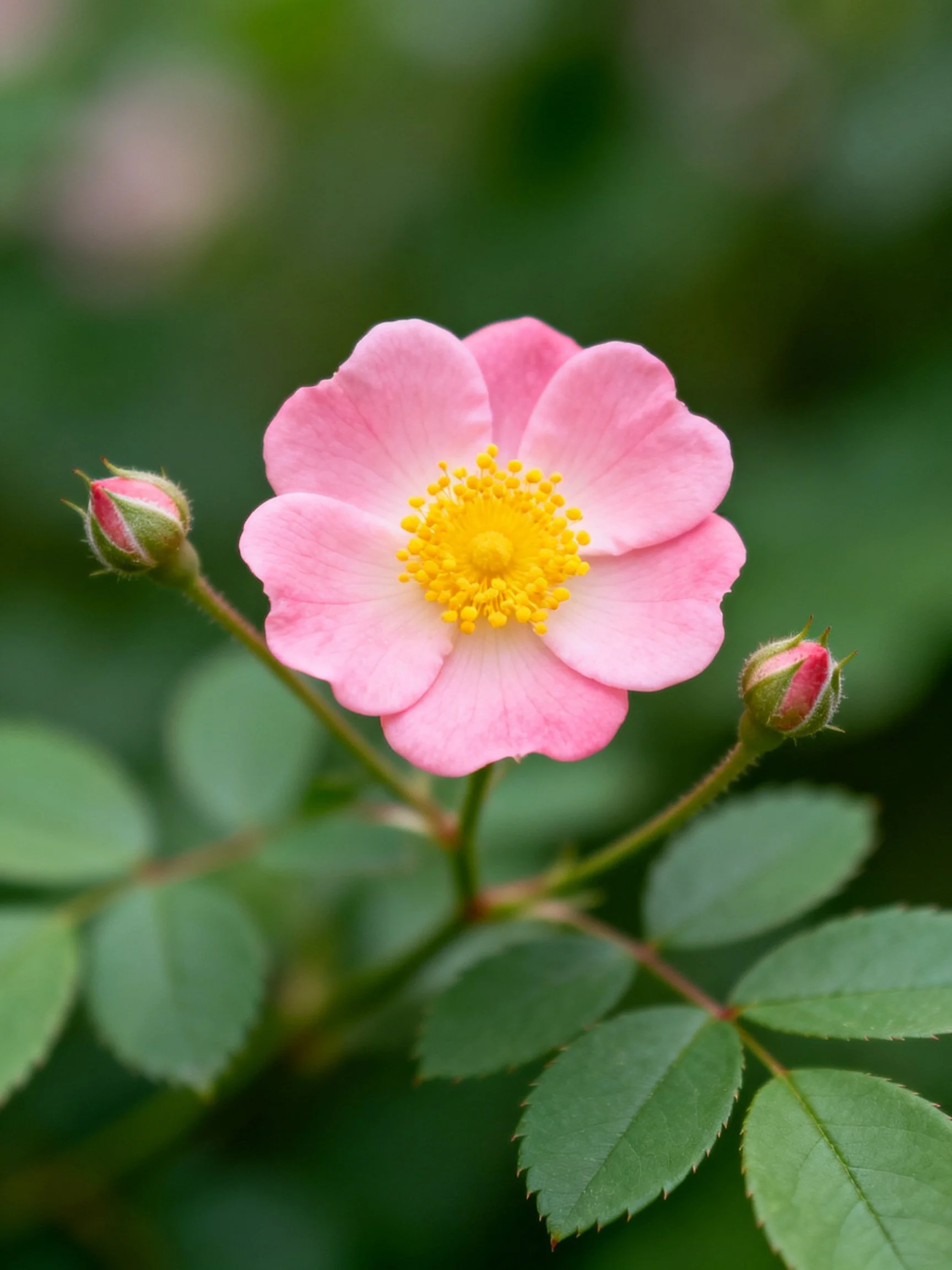 Single pink rose blossom with yellow center, two buds, and green foliage