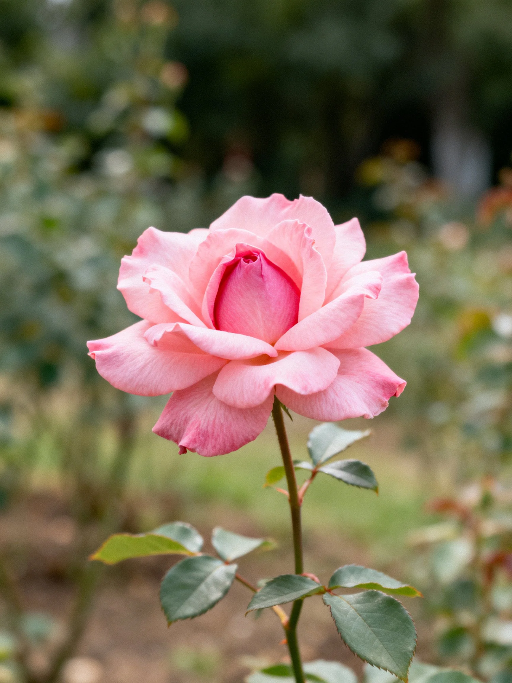 Single pink rose with layered petals in garden