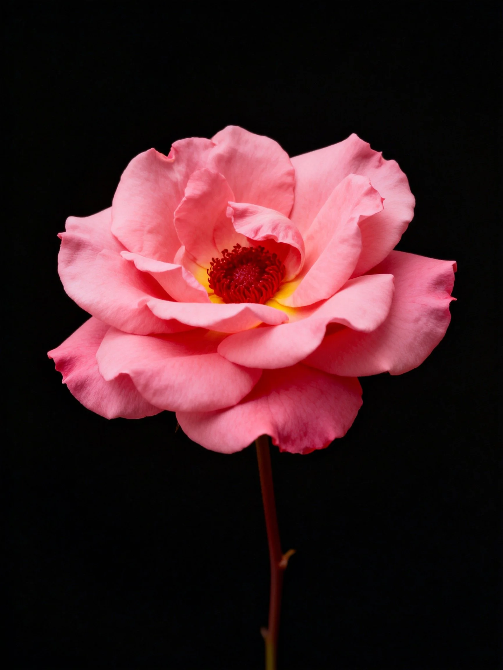 Single pink rose with layered petals on black backdrop