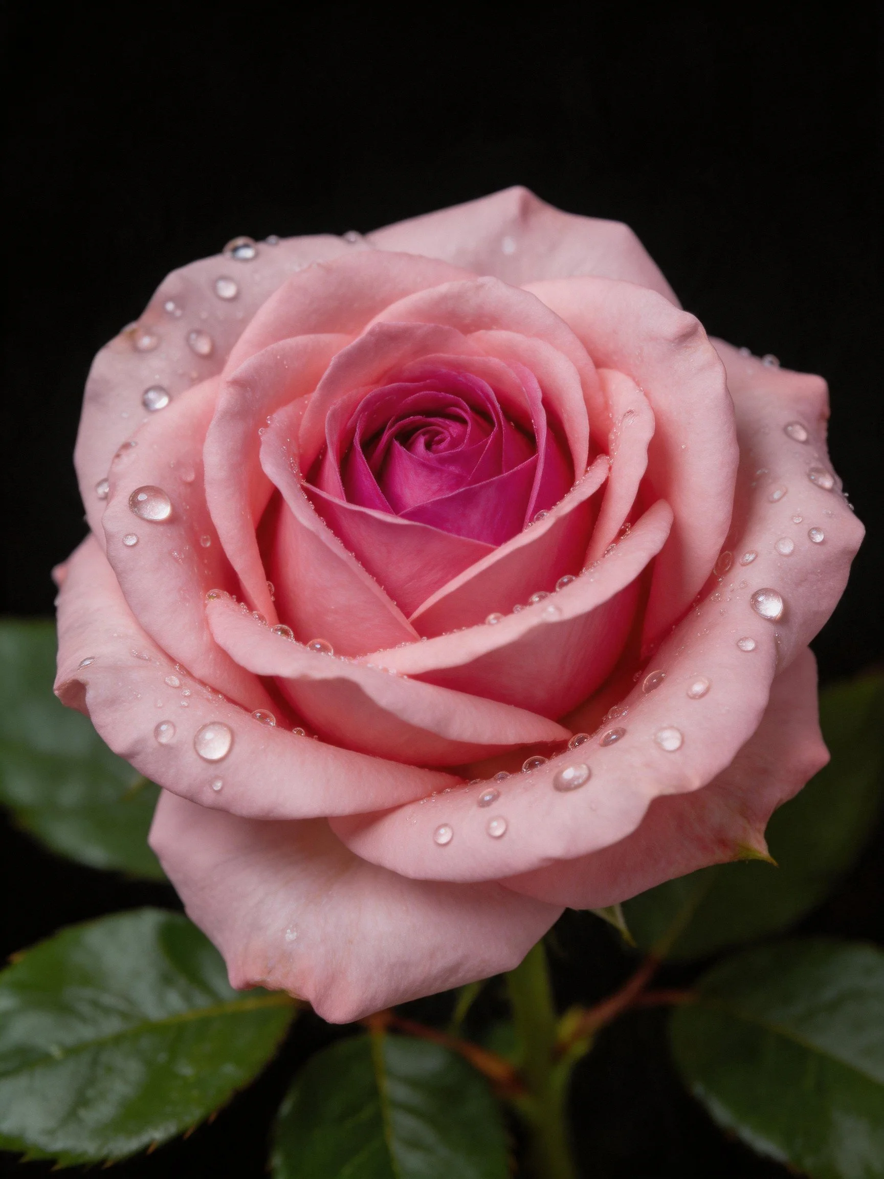 Single pink rose with water droplets, dark backdrop