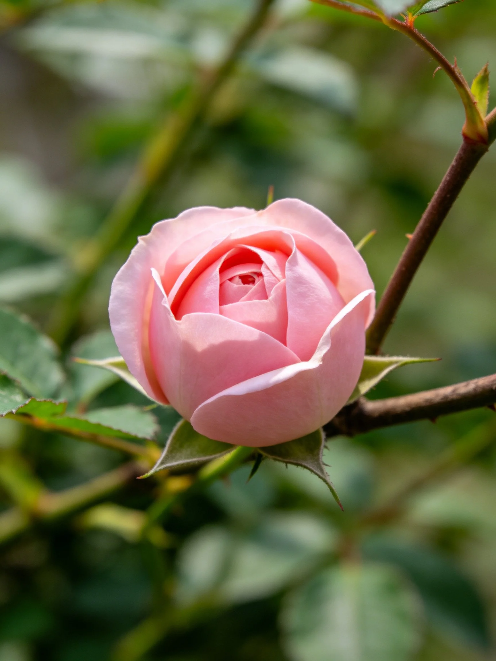Single pink rosebud on a thorny branch with green foliage