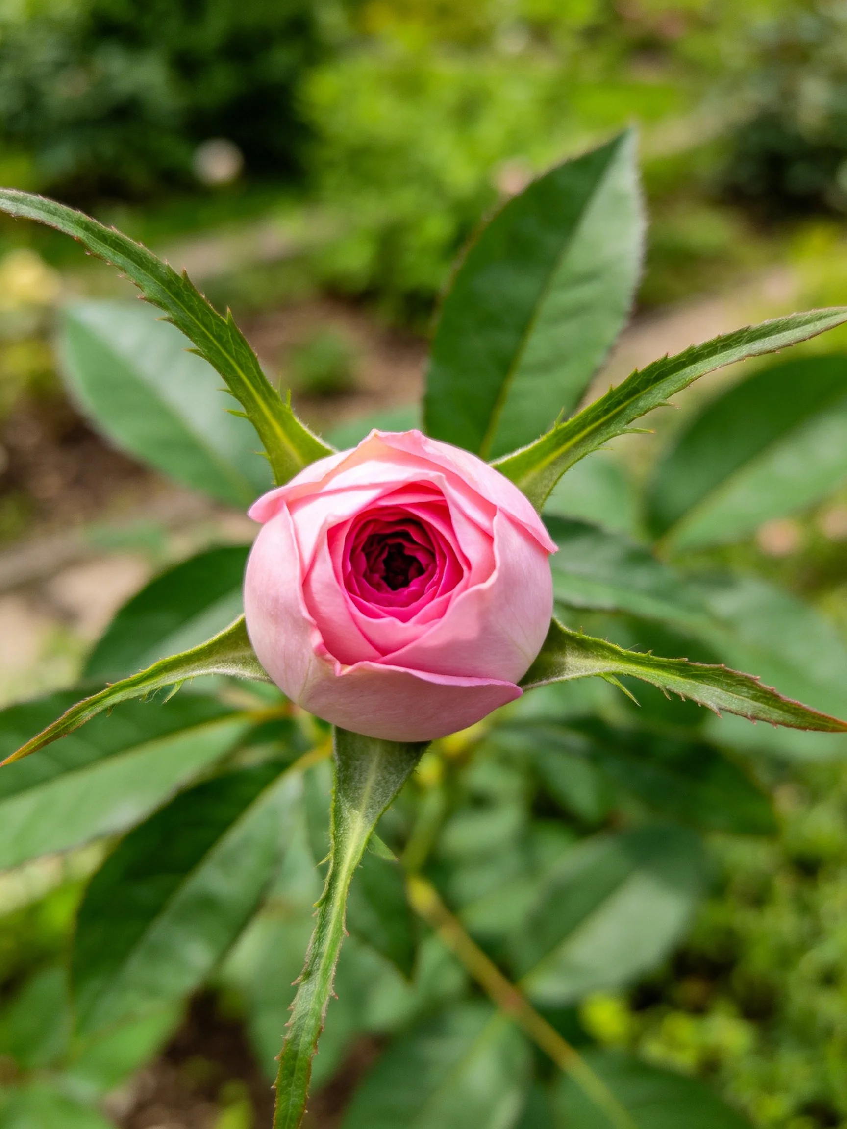 Single pink rosebud with glossy green leaves