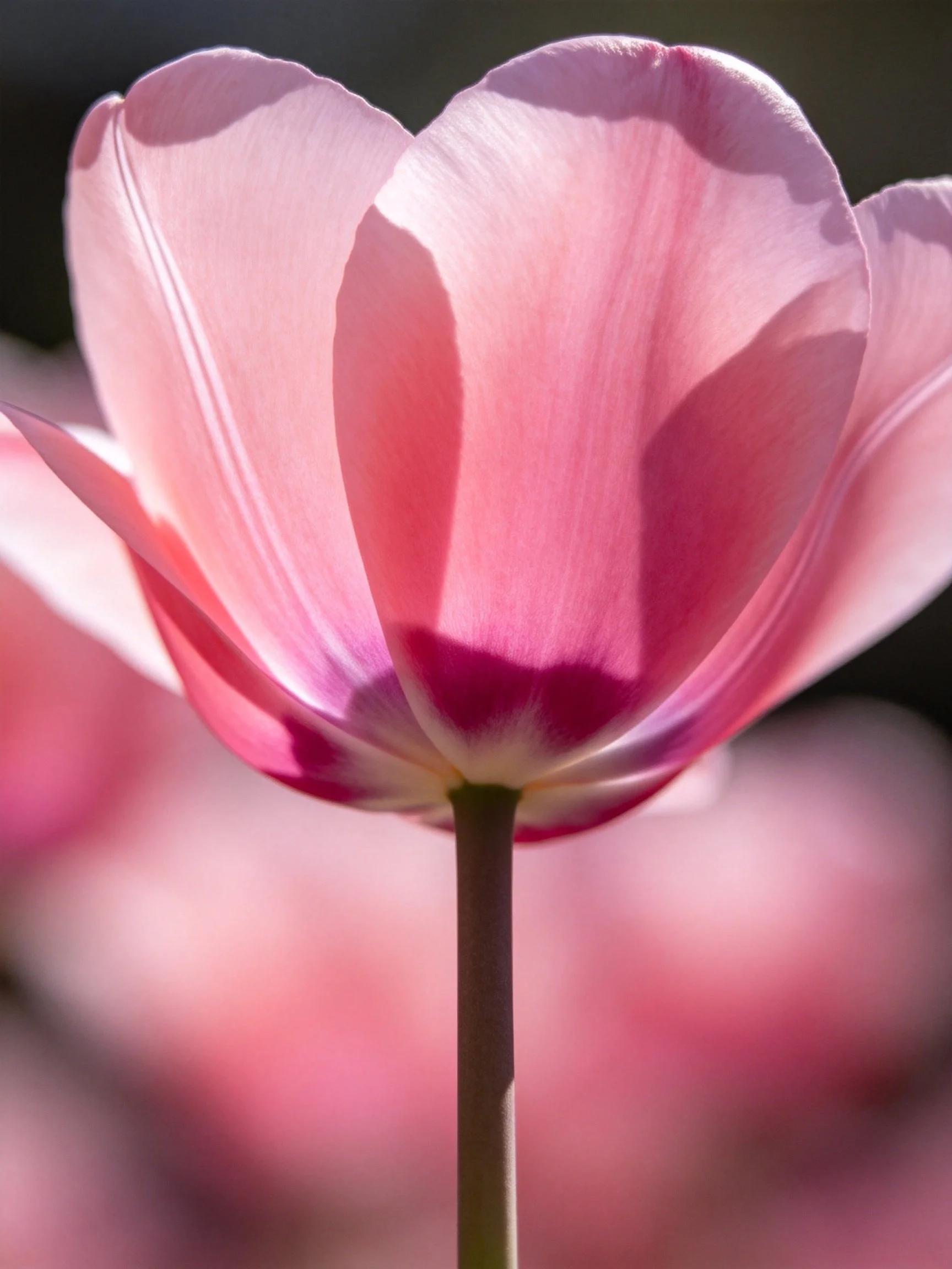 Single pink tulip with gradient petals and soft lighting