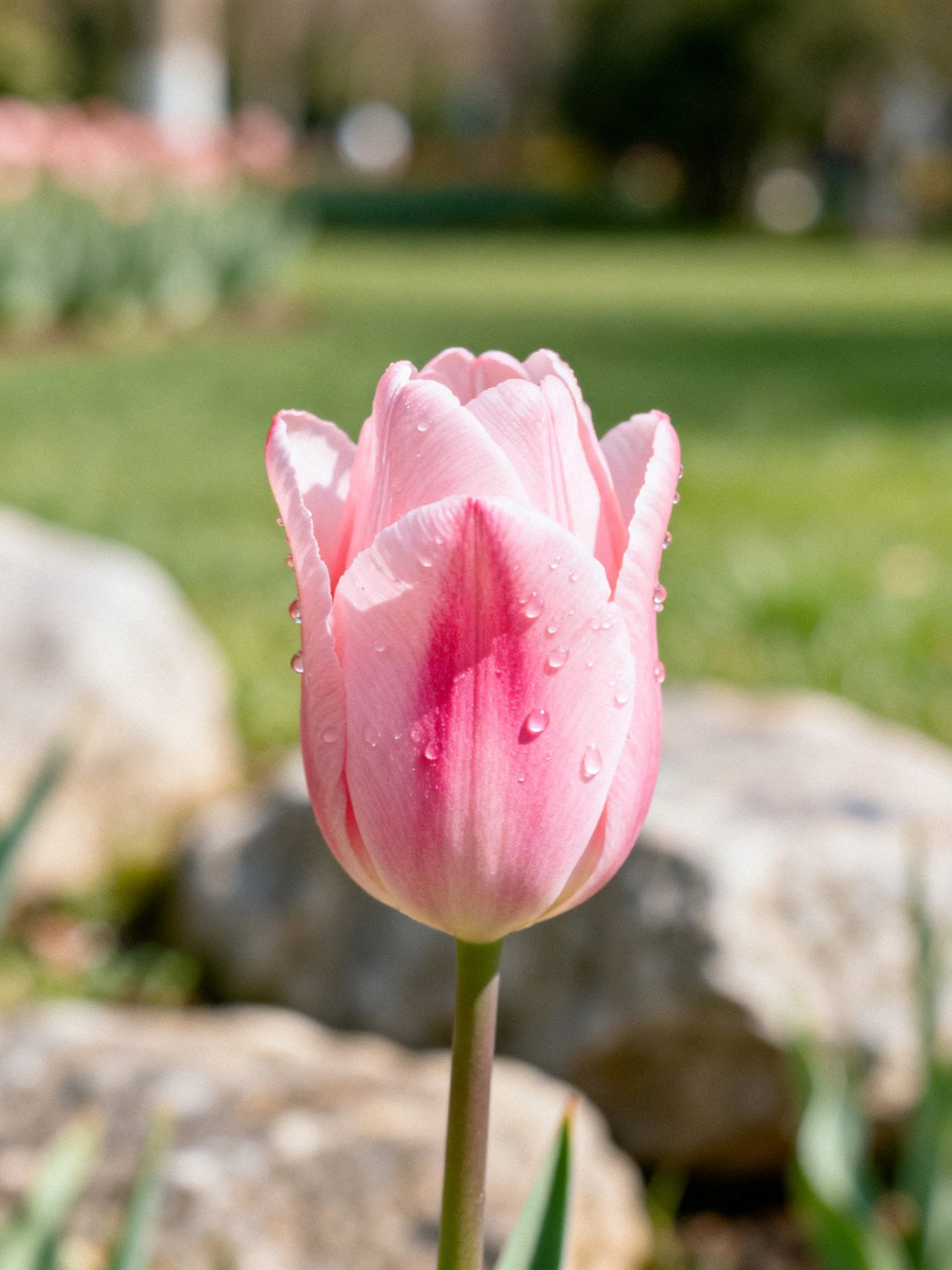 Single pink tulip with water droplets in a garden setting