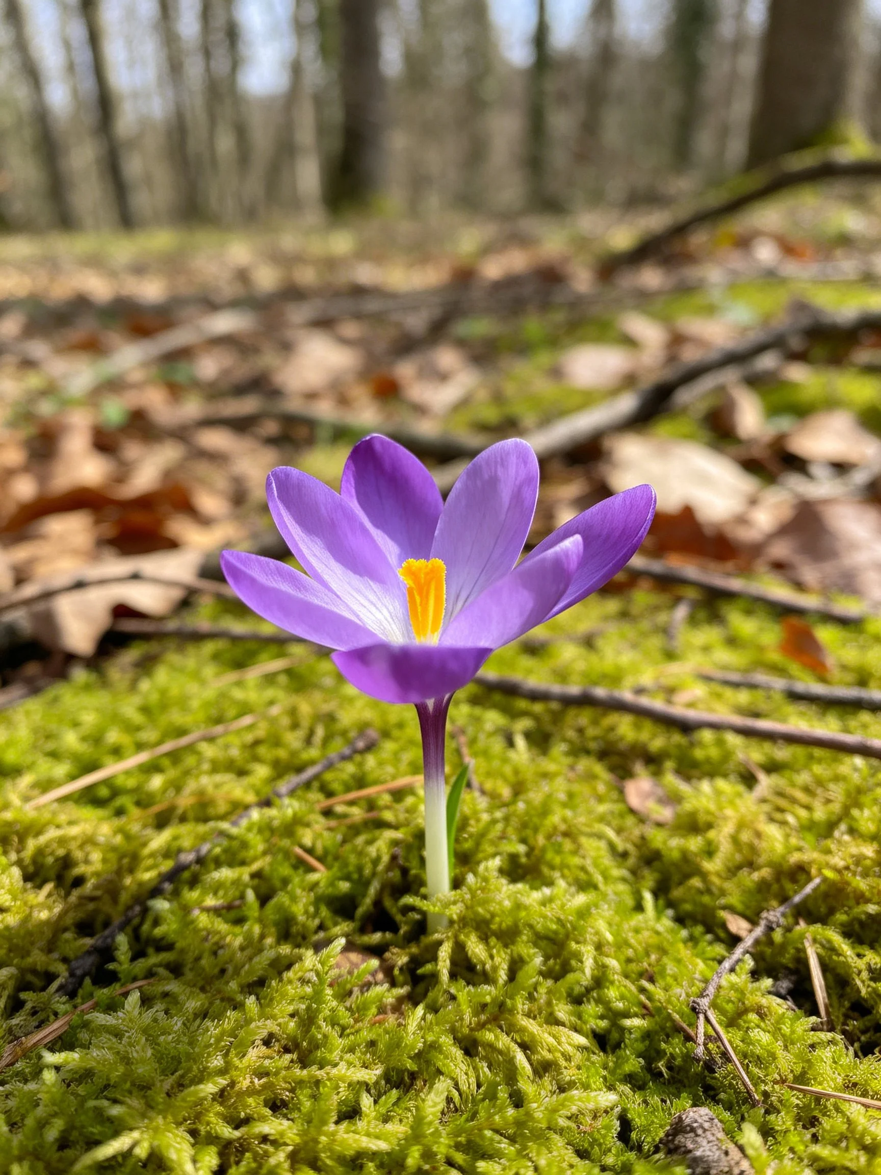 Single purple crocus blooms amid green moss in a forest clearing