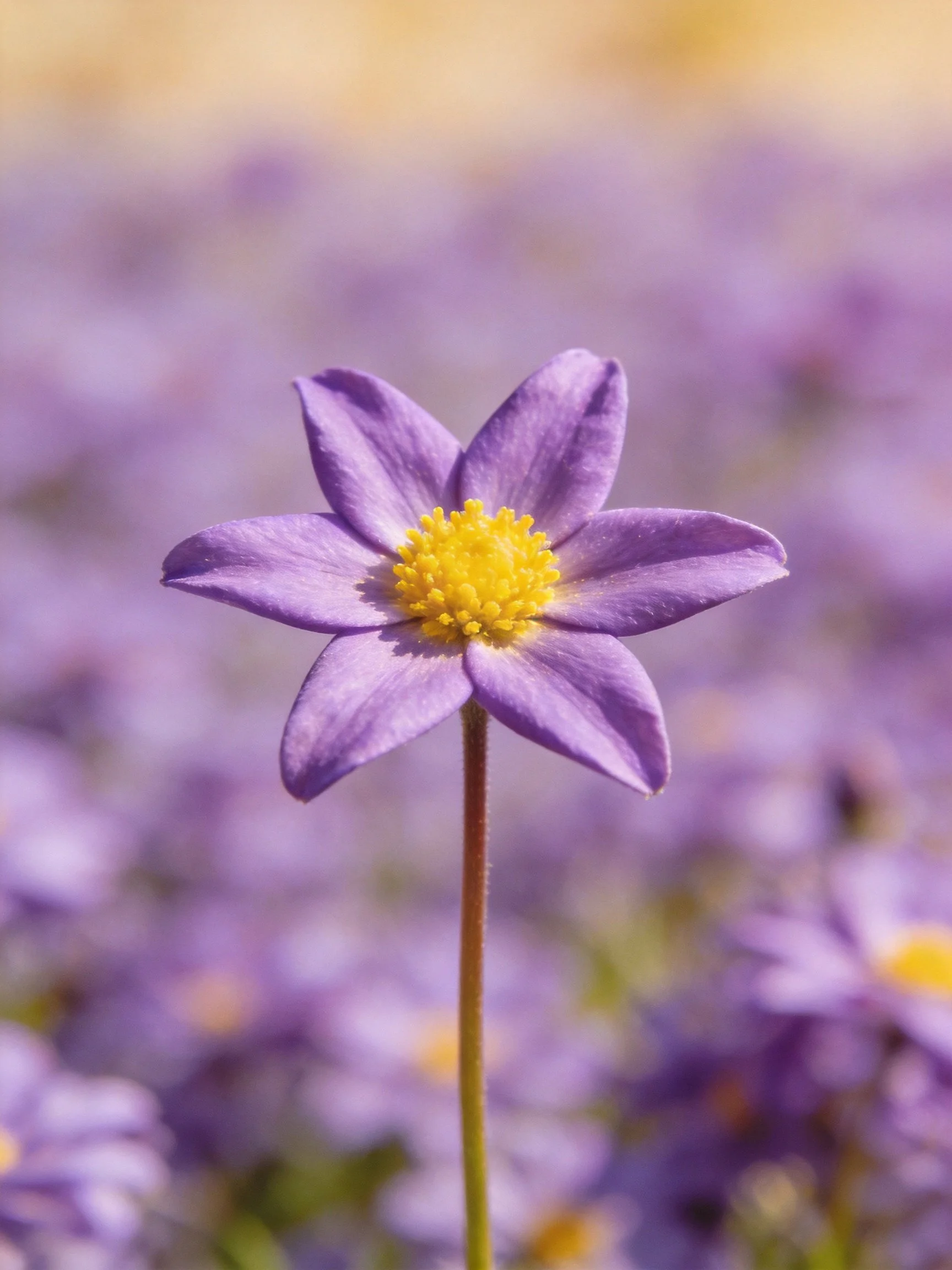 Single purple flower with yellow center amid blurred purple blooms