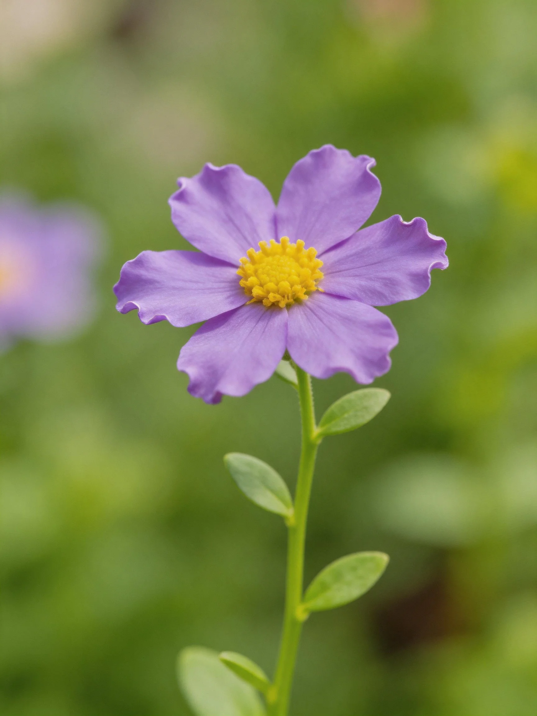 Single purple flower with yellow center and green stem