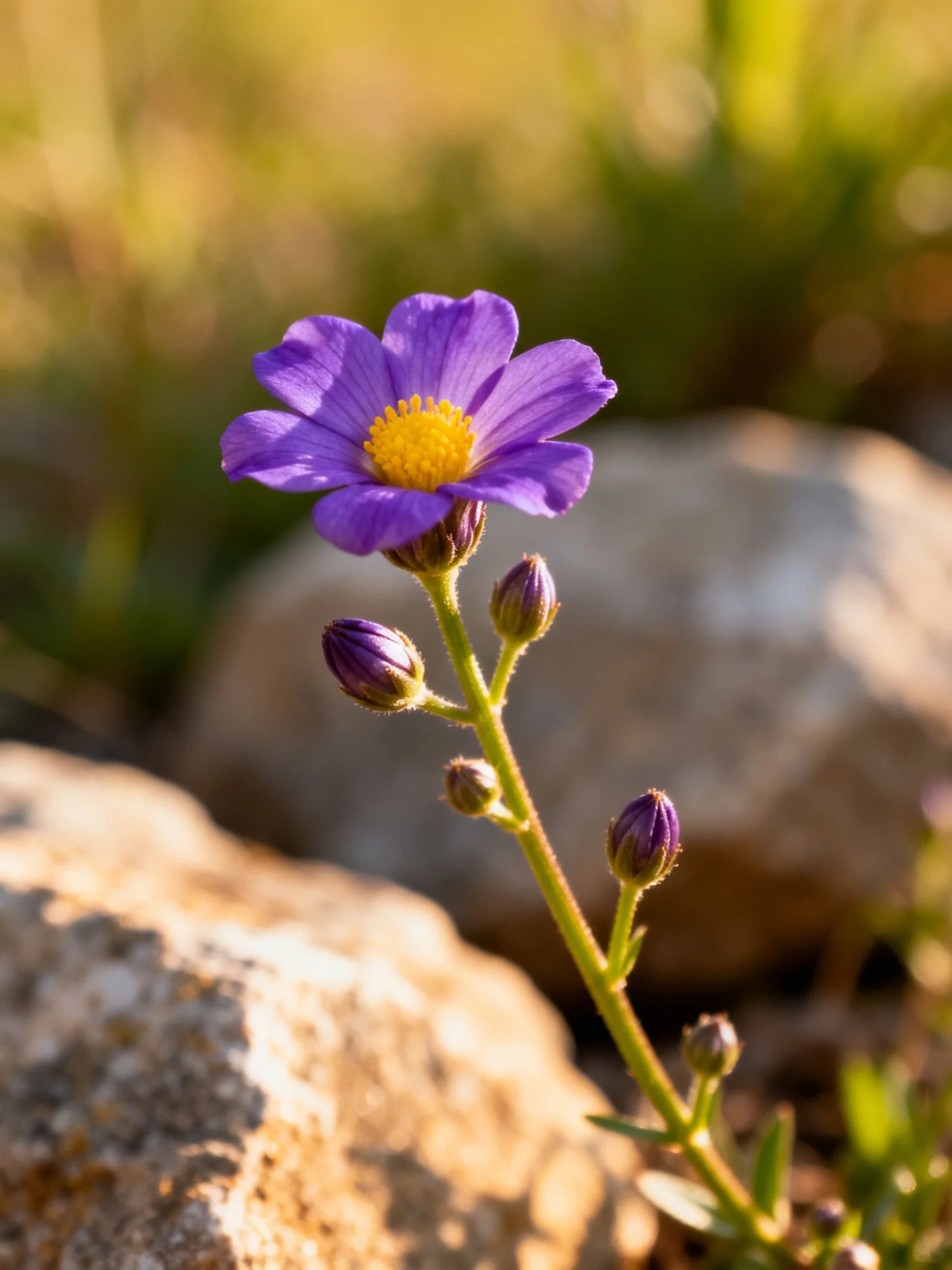 Single purple flower with yellow center near rocks and budding flowers
