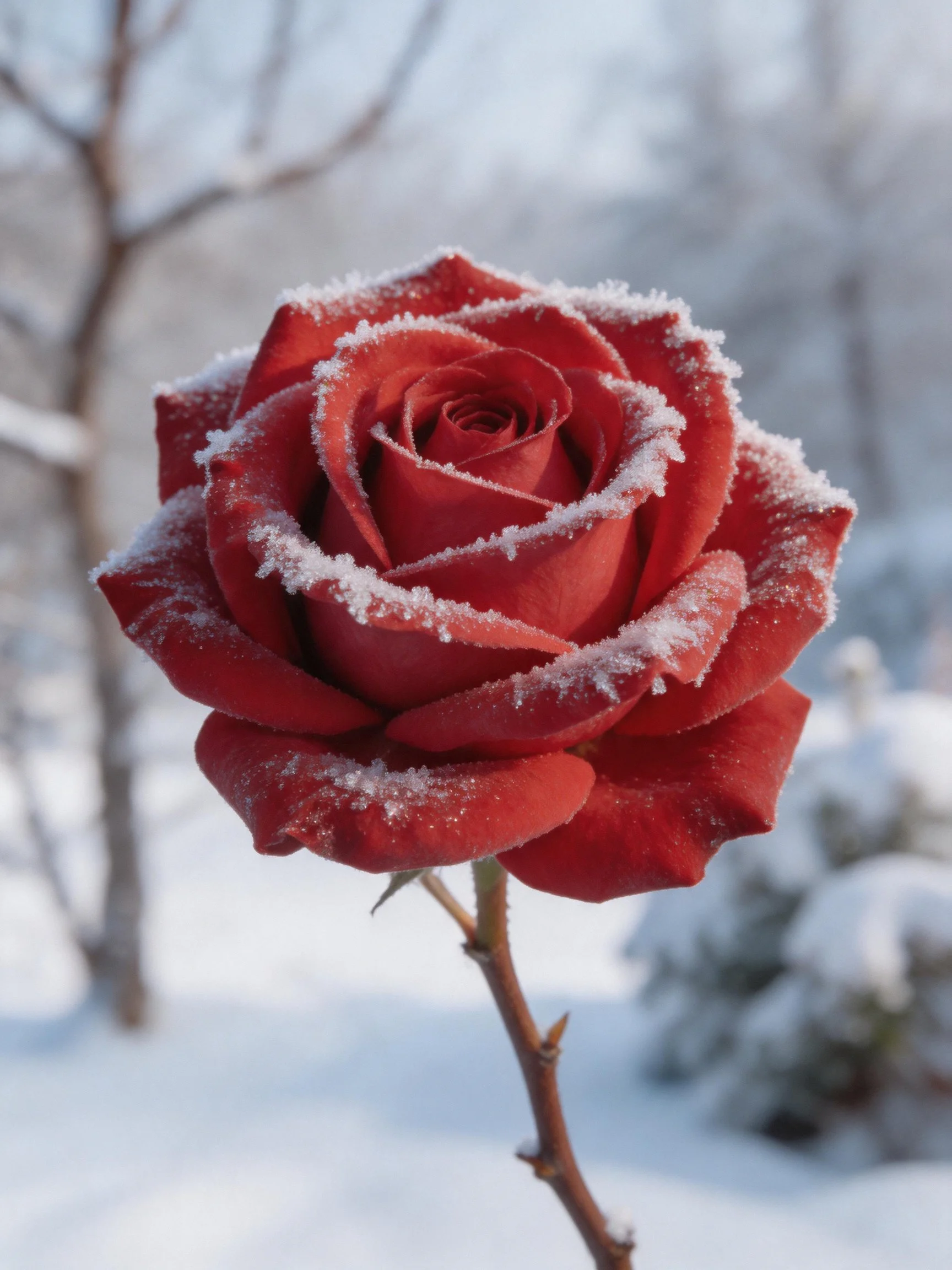 Single red rose covered in frost, snowy winter setting
