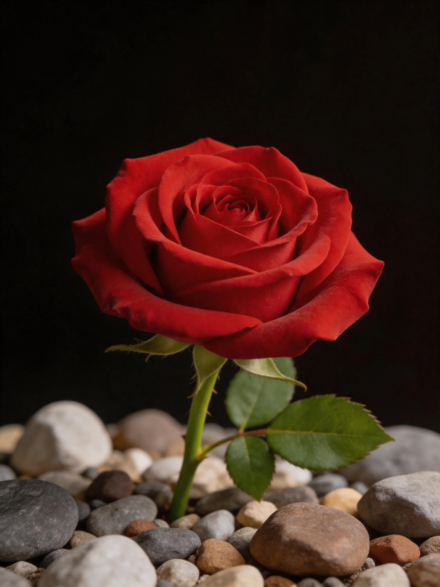 Single red rose with green leaves amid assorted pebbles on a dark backdrop