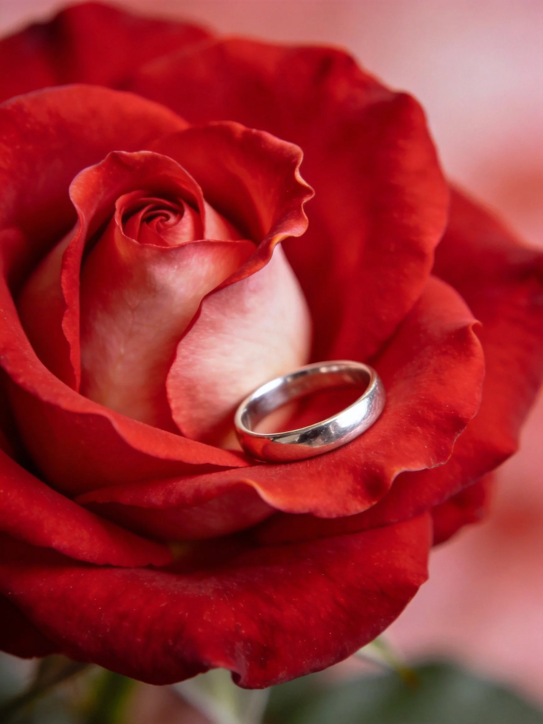 Single silver ring on a large red rose