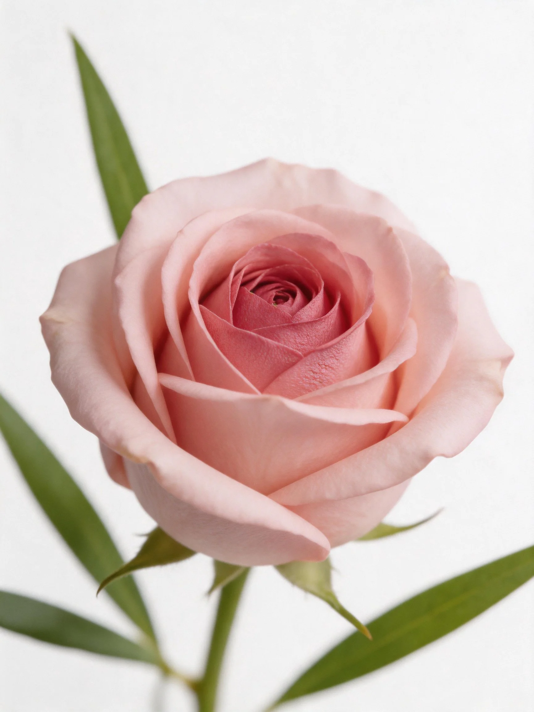 Single soft pink rose with green leaves against white backdrop