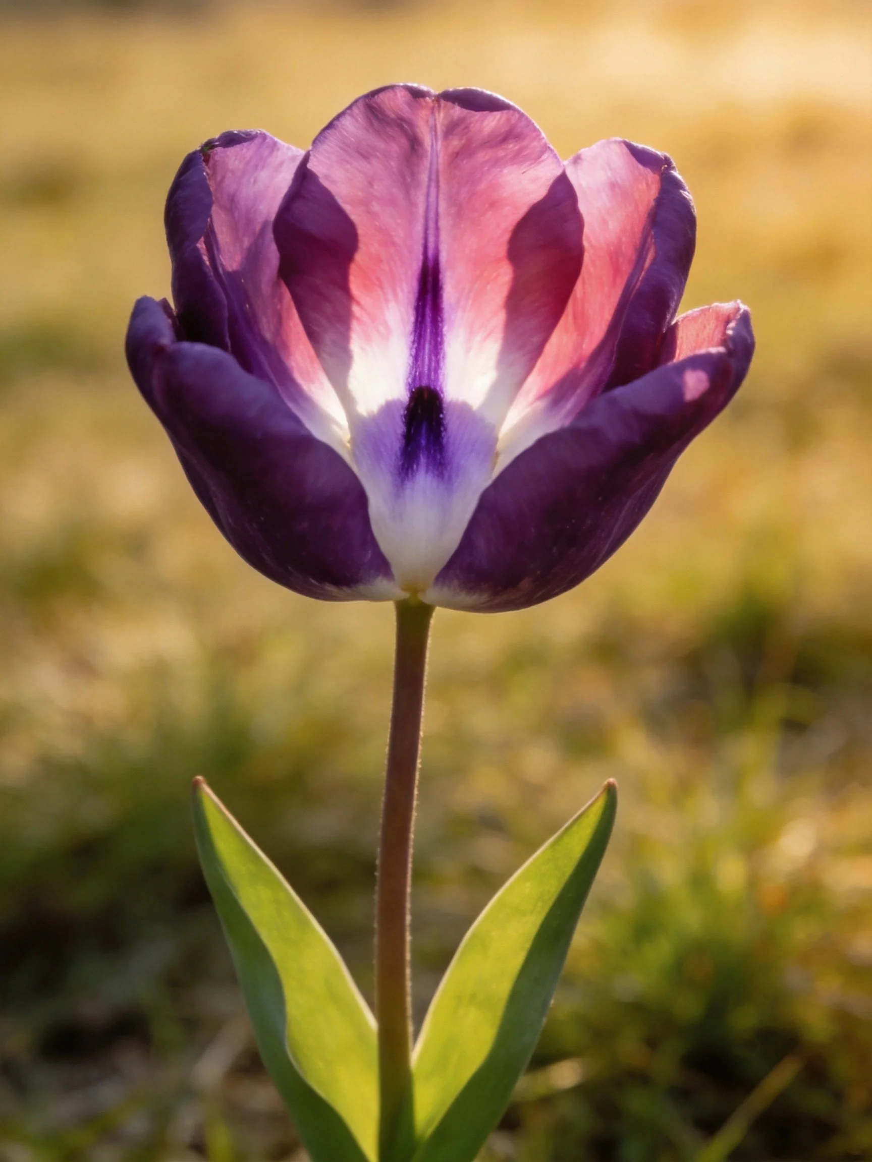Single tulip with purple and pink petals, green leaves