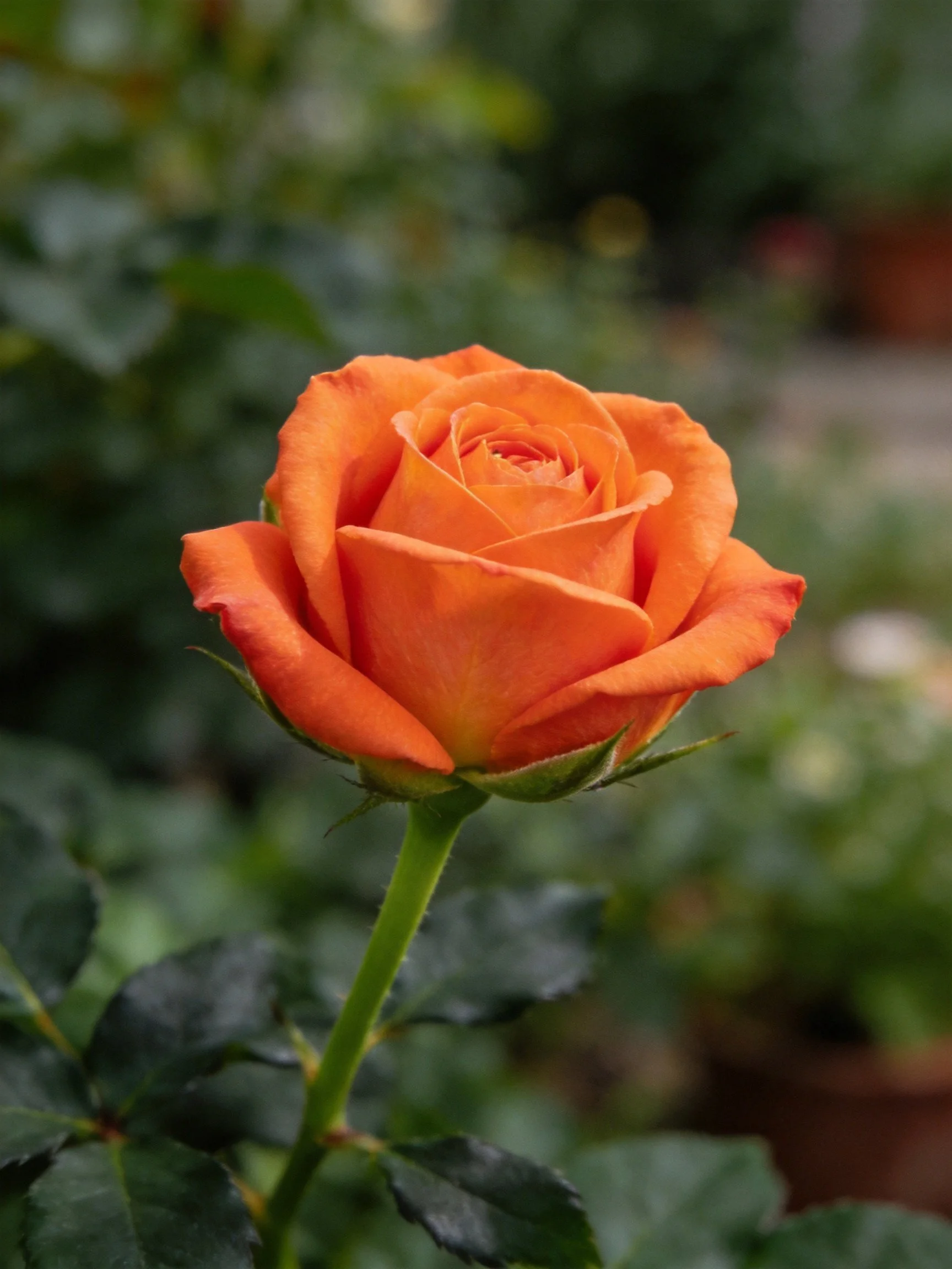 Single vibrant orange rose in sharp focus with green foliage backdrop