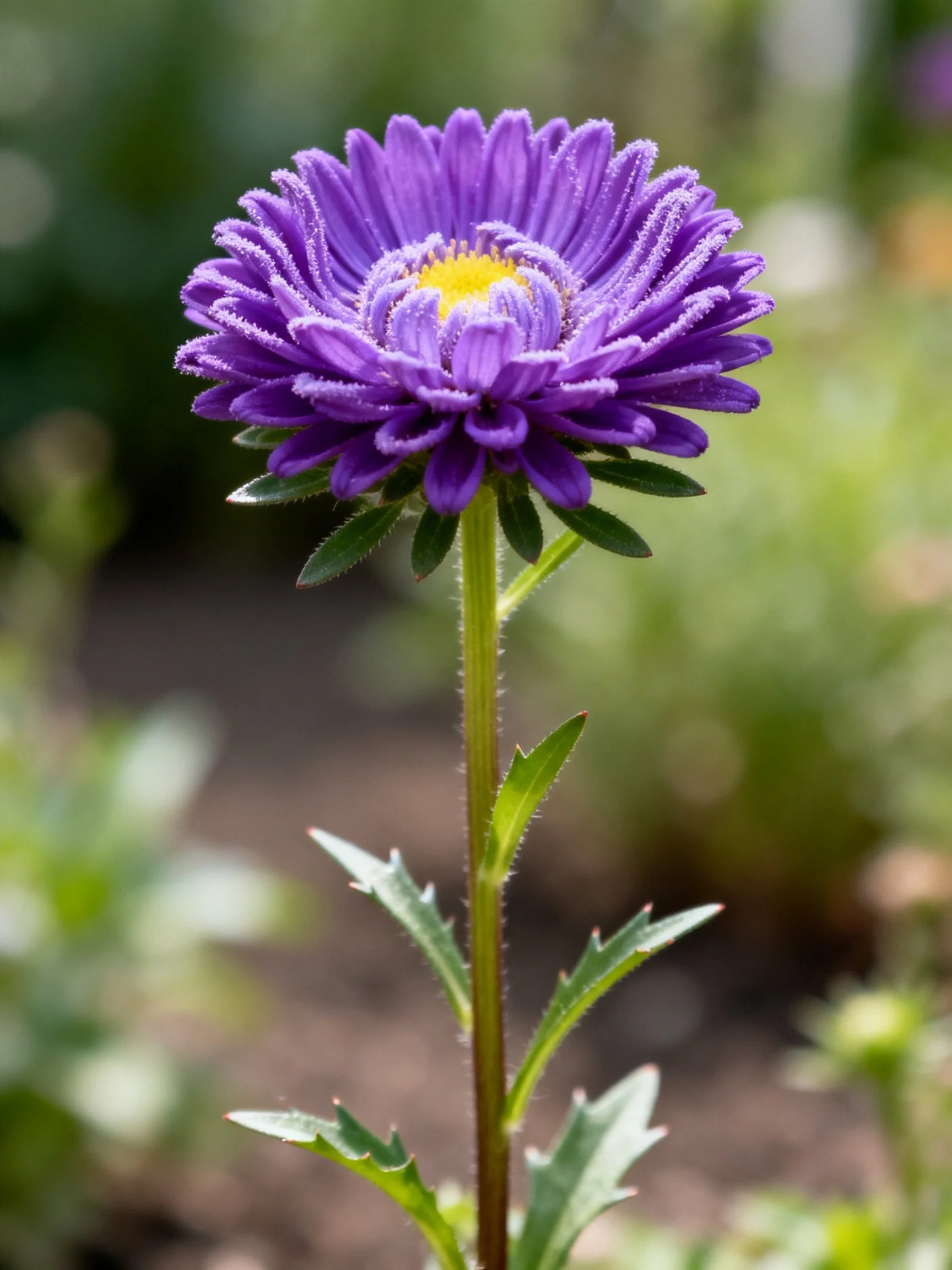 Single vibrant purple aster flower with yellow center