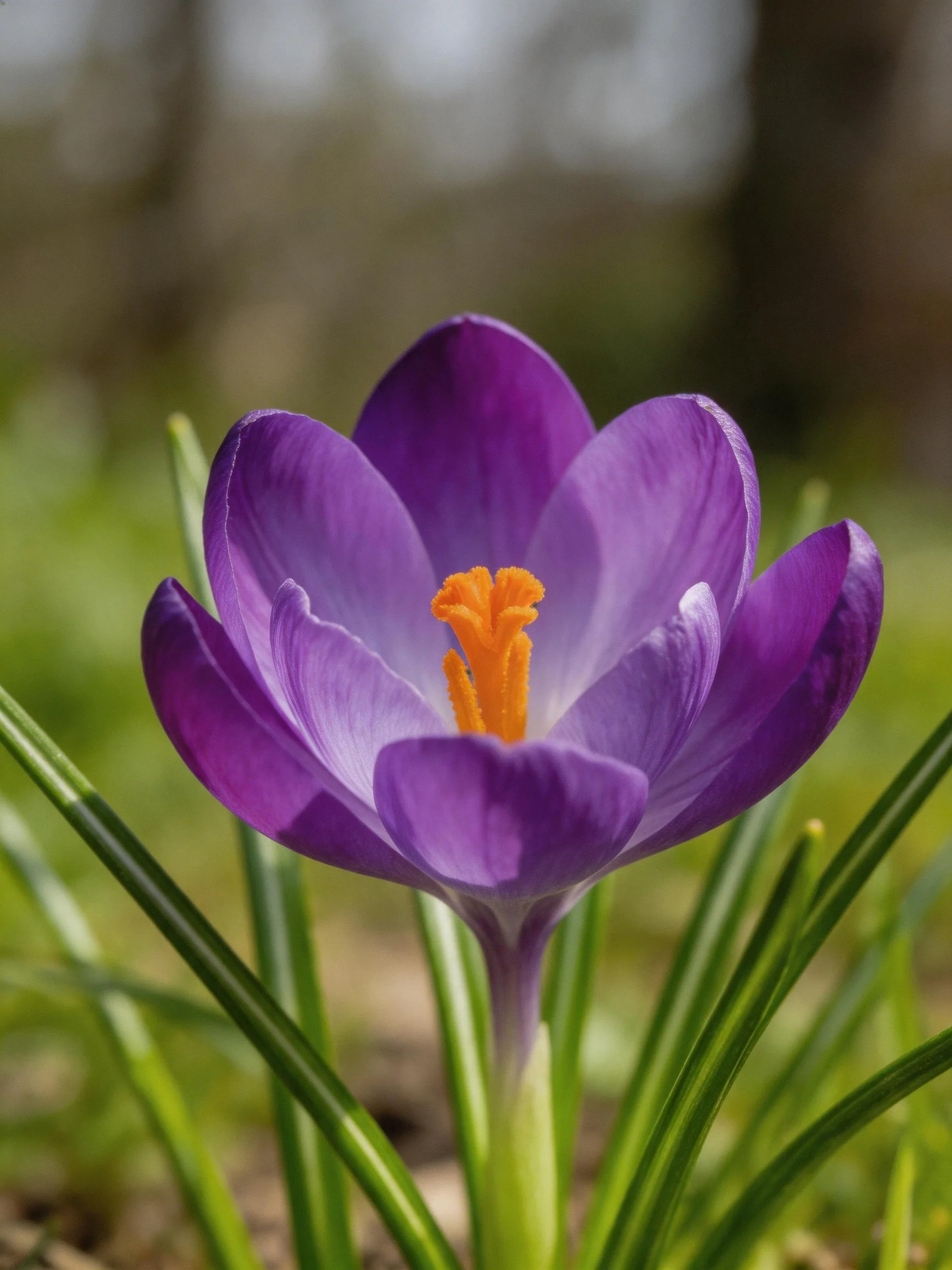 Single vibrant purple crocus with bright orange center