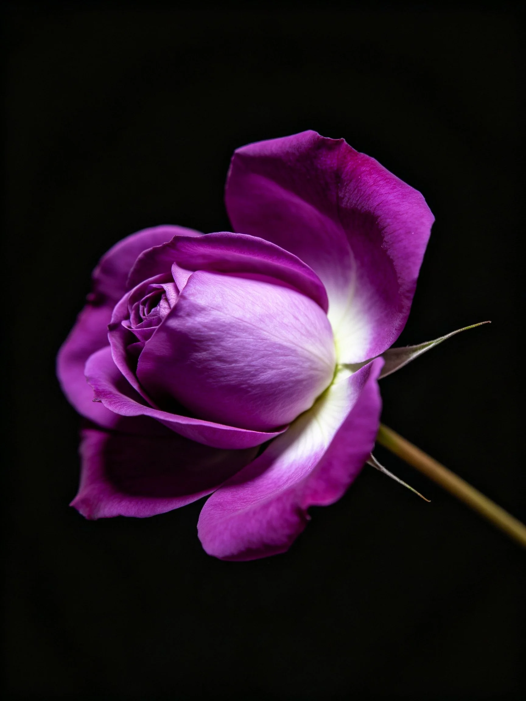 Single vibrant purple rose bud with white center on black backdrop