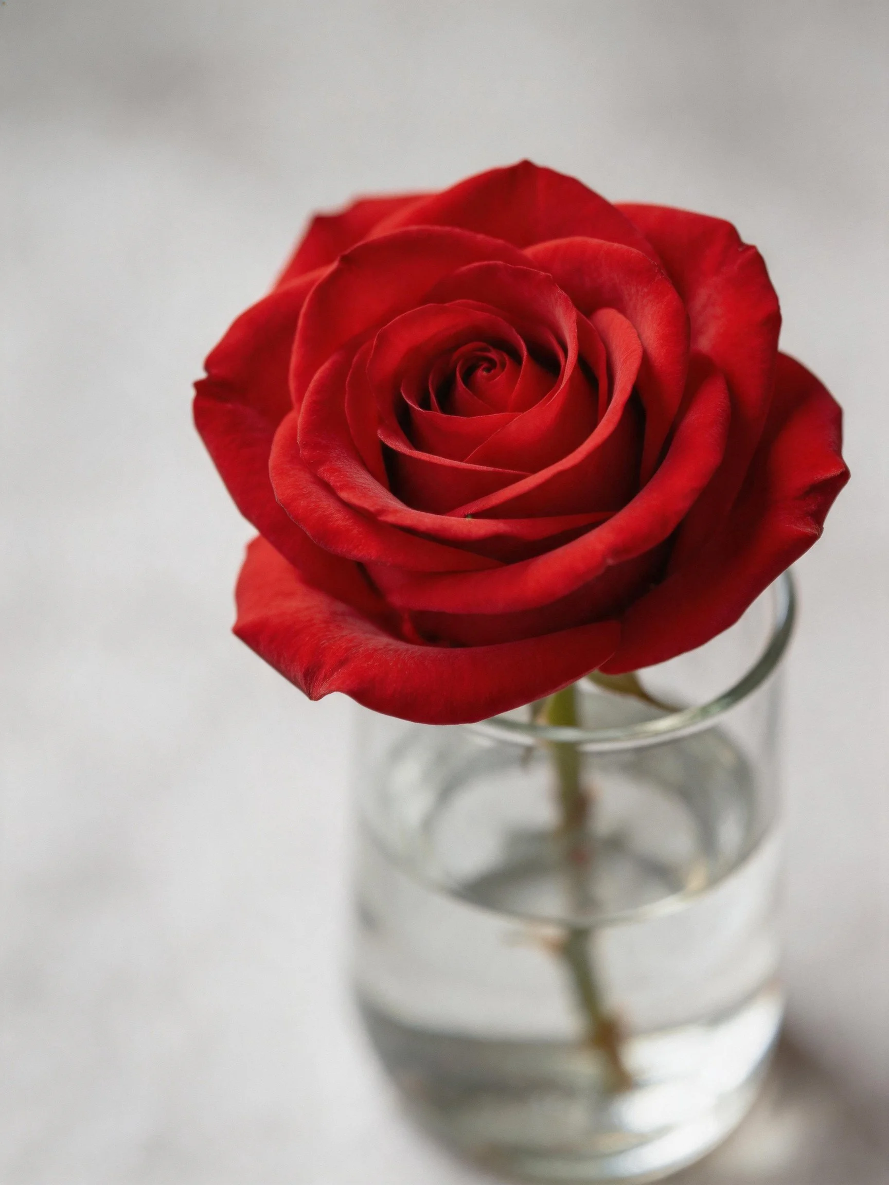 Single vibrant red rose in a clear glass vase with water