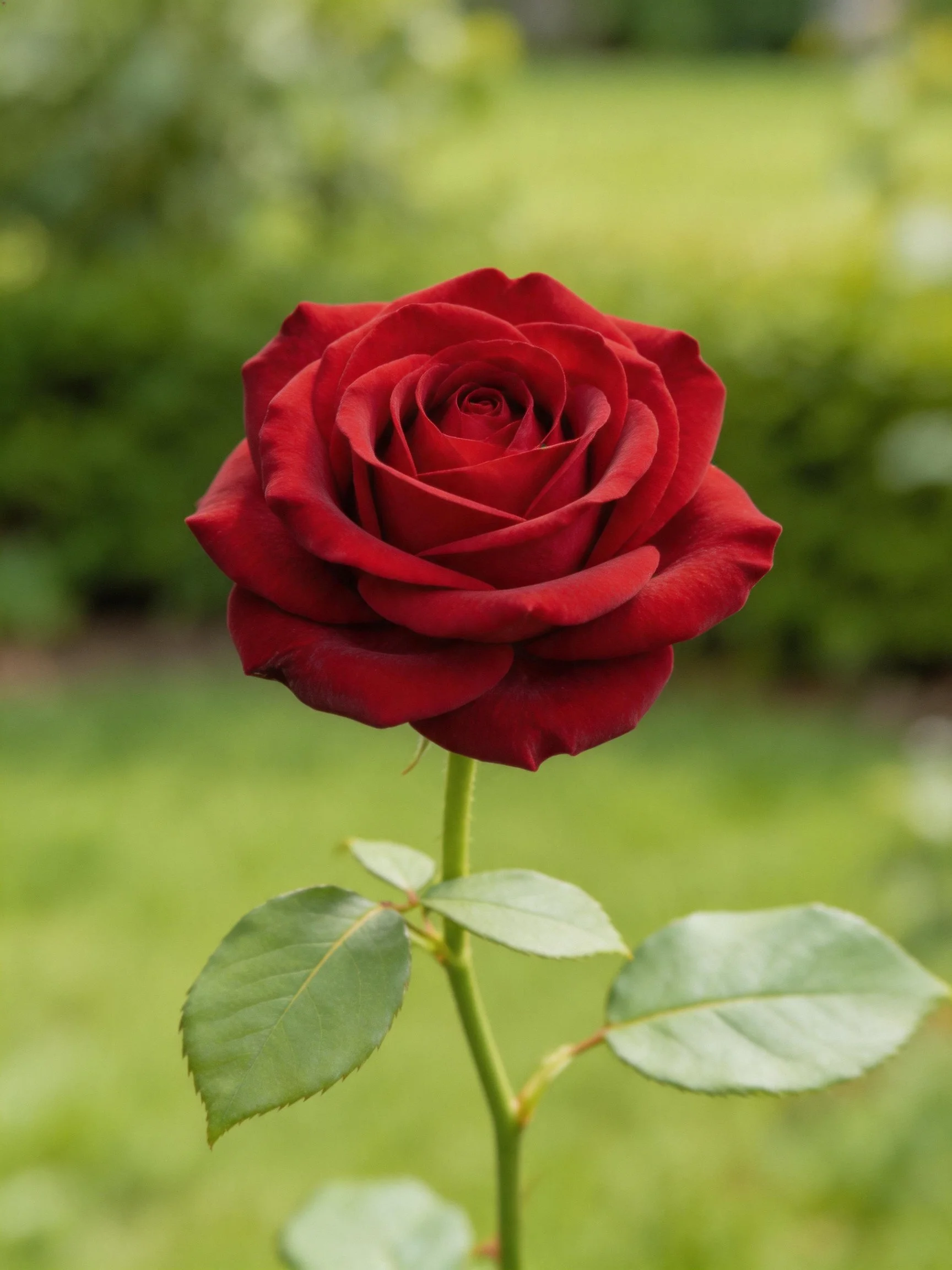 A single vibrant red rose stands out against a softly blurred green garden background.