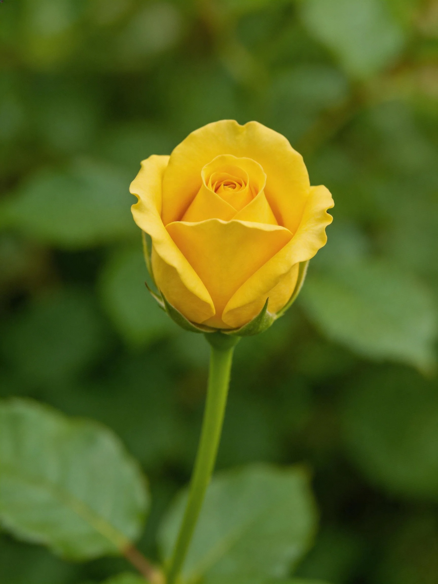 Single vibrant yellow rose bud with blurred green foliage