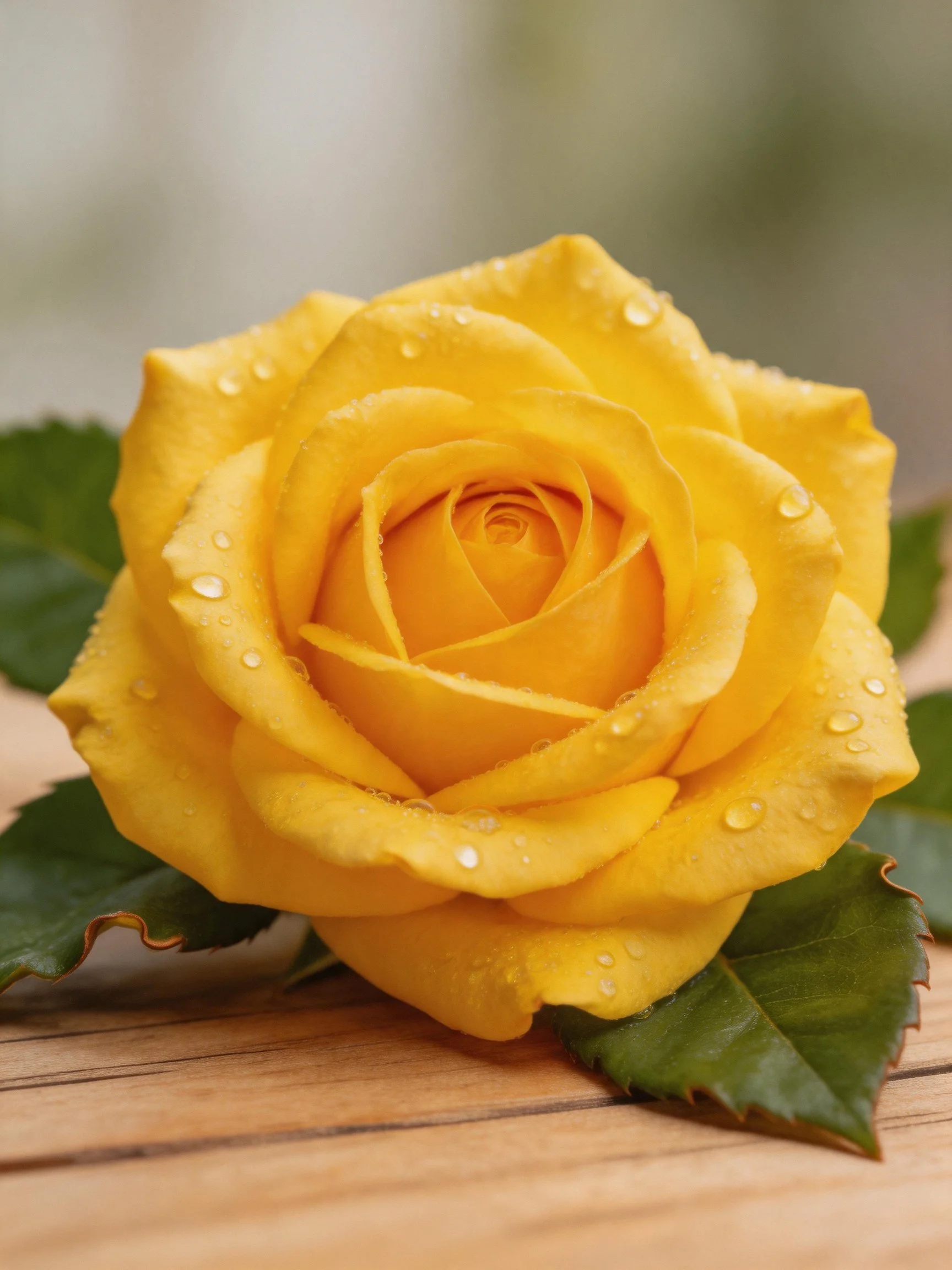 A single vibrant yellow rose with dewdrops rests on awooden surface.