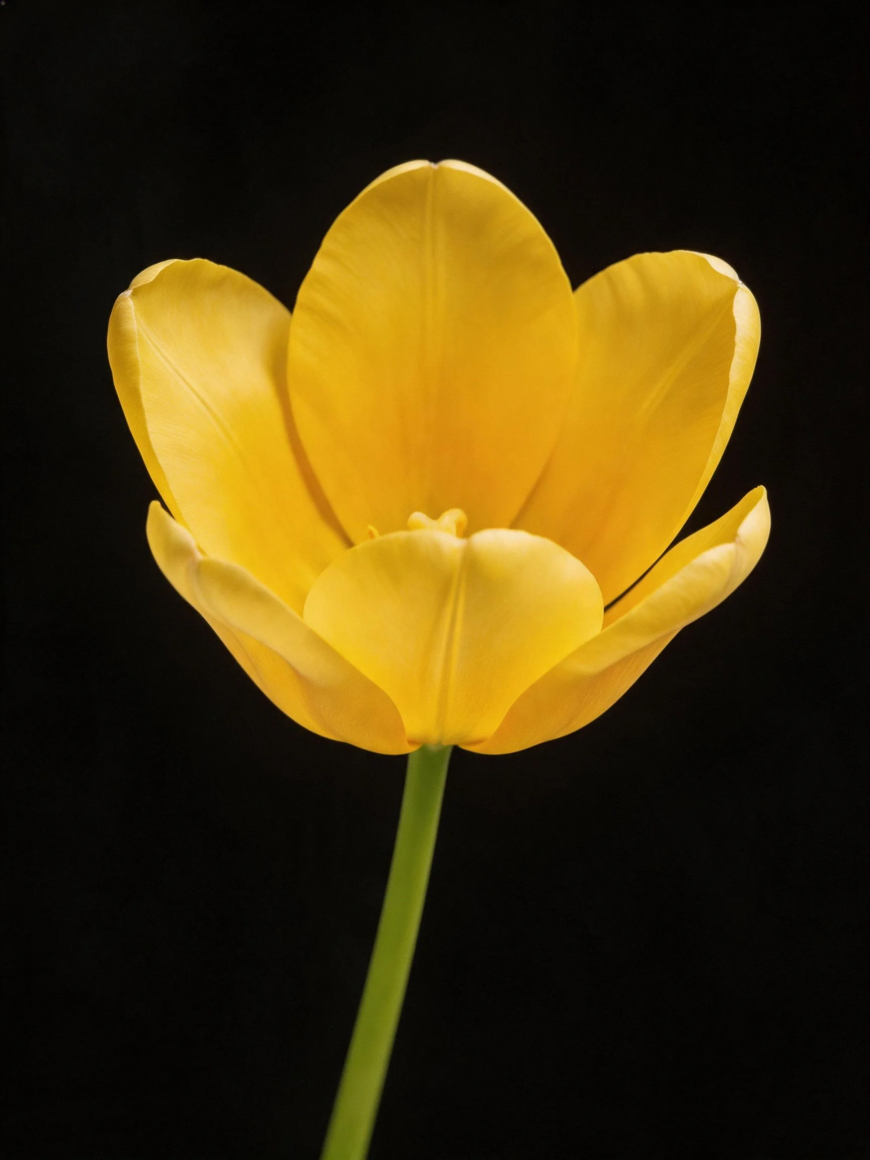 Single vibrant yellow tulip with smooth petals on solid black