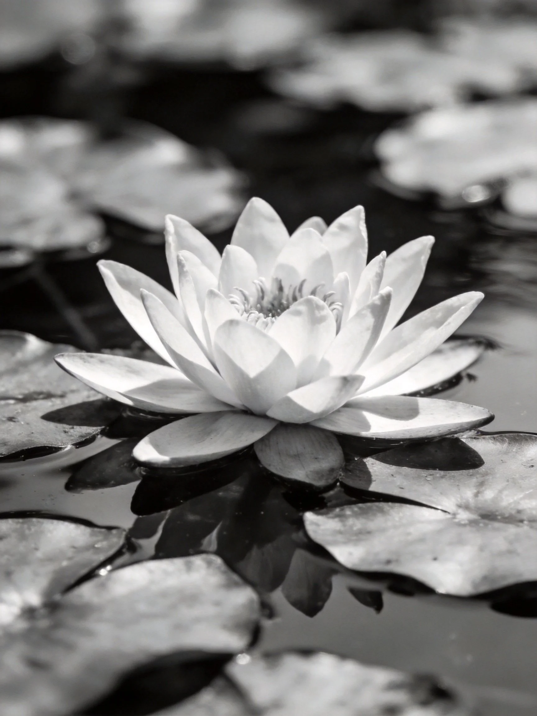 Single water lily amid lily pads in grayscale