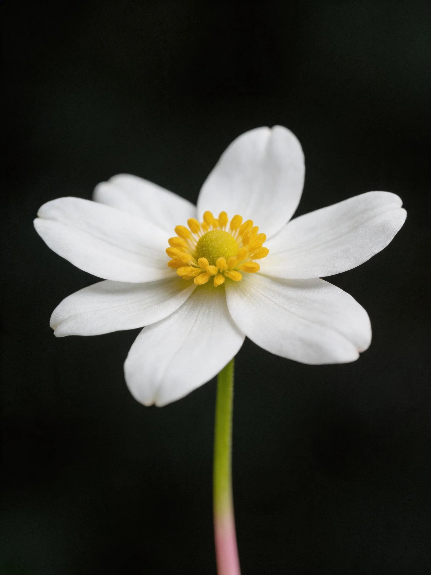 Single white anemone flower with yellow center and green stem