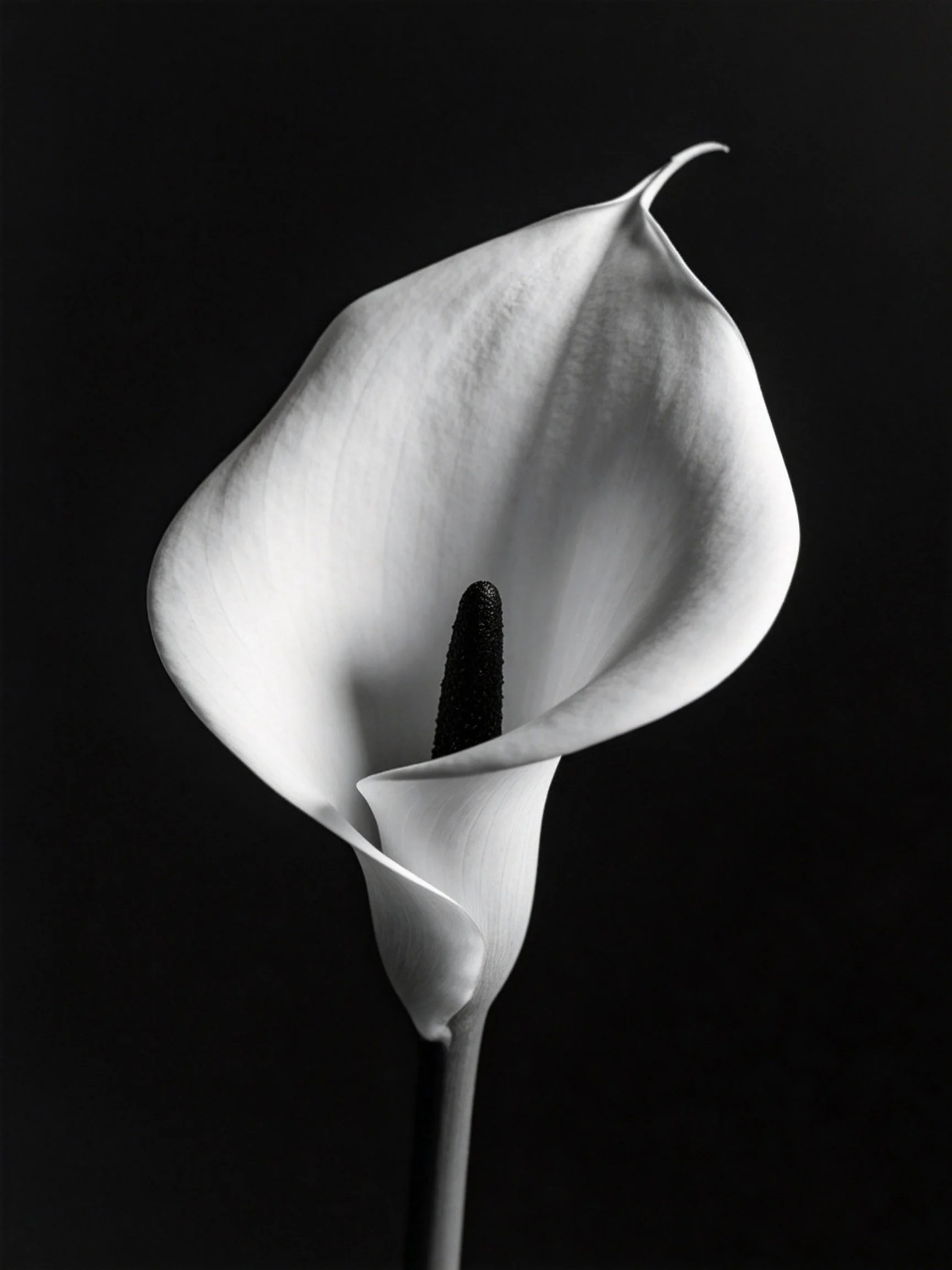 Single white calla lily against stark black backdrop