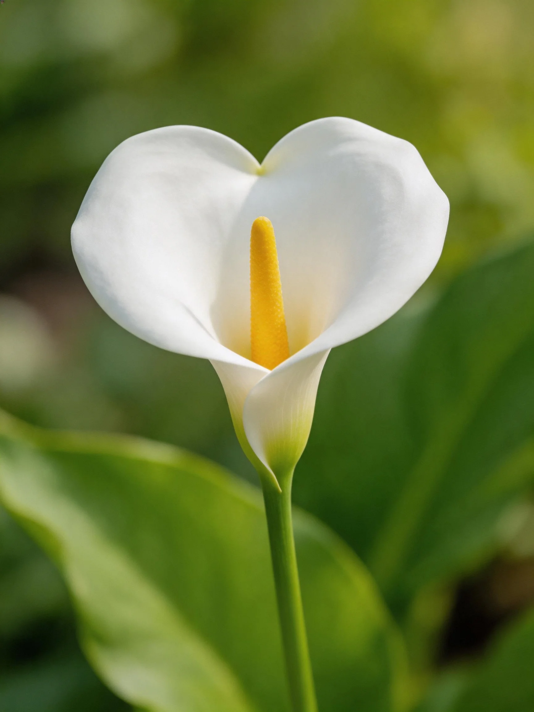 Single white calla lily with yellow spadix, surrounded by green foliage