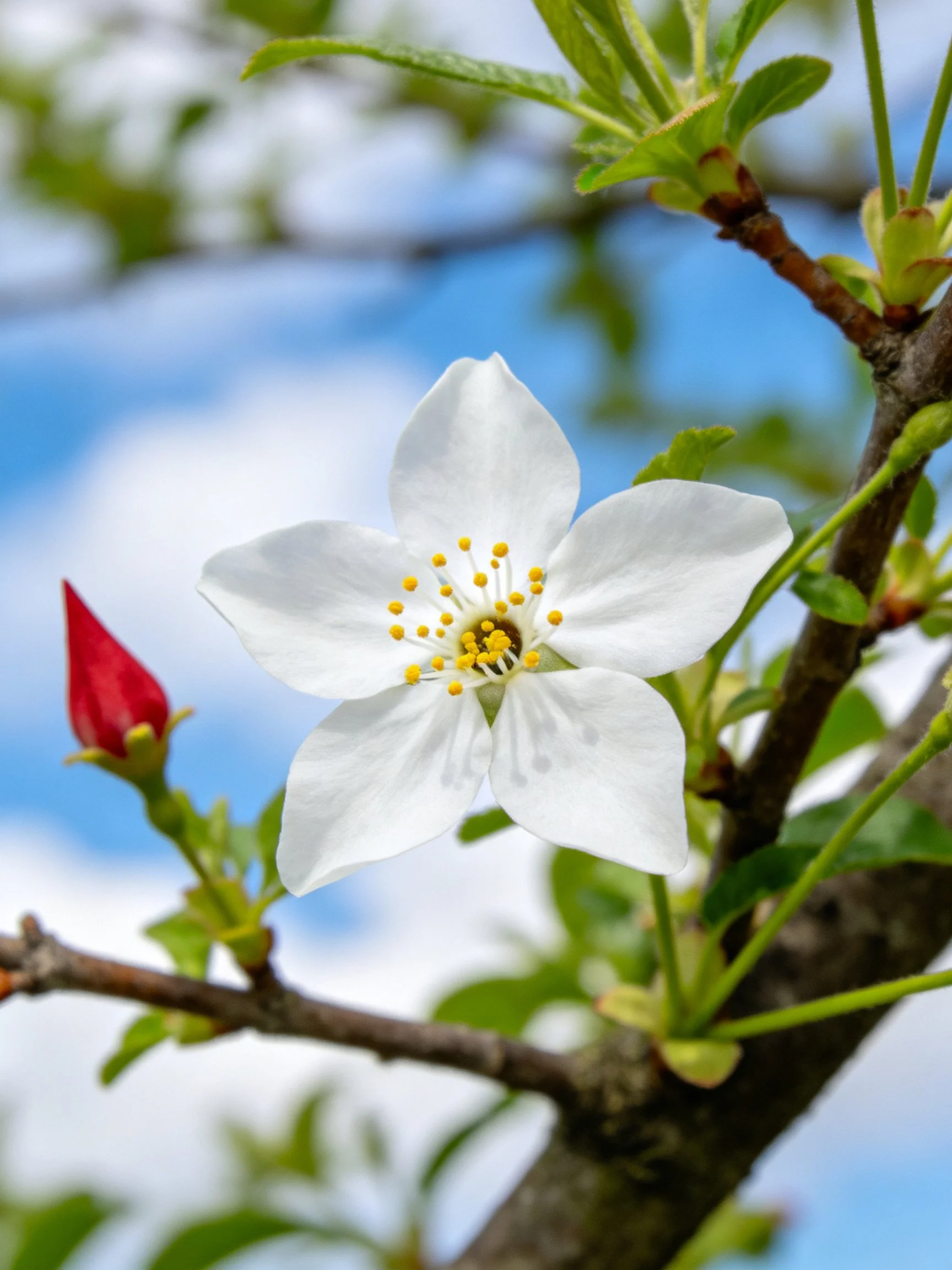 Single white cherry blossom with red bud and green foliage