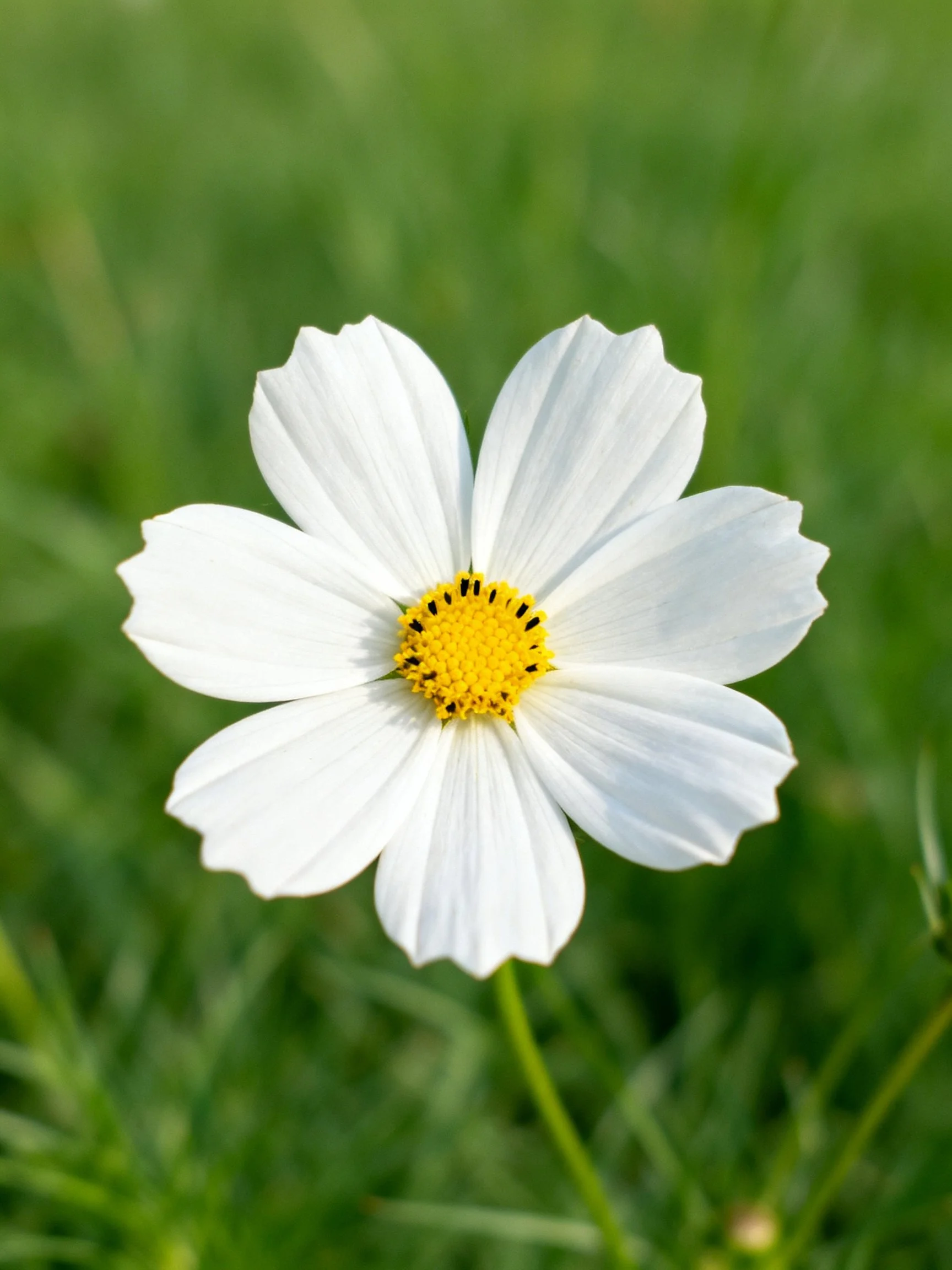 Single white cosmos flower with bright yellow center