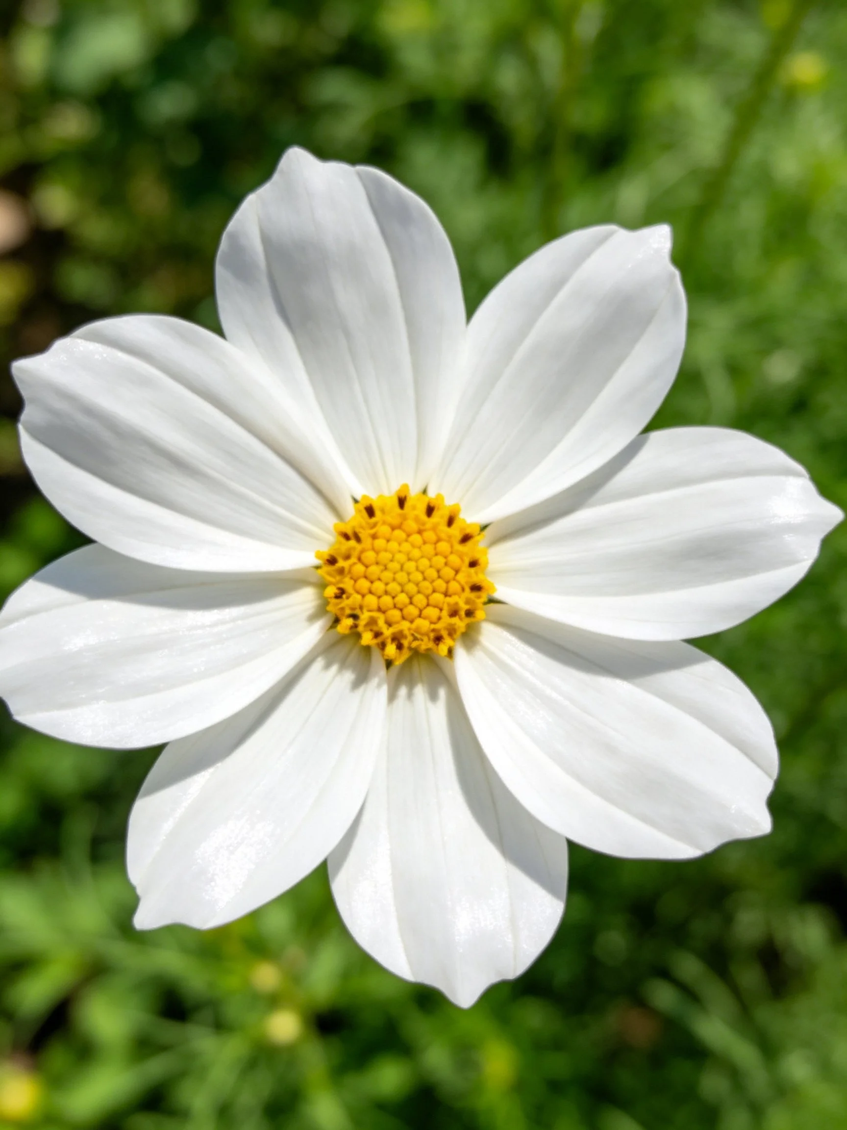 Single white cosmos flower with bright yellow center amid green foliage