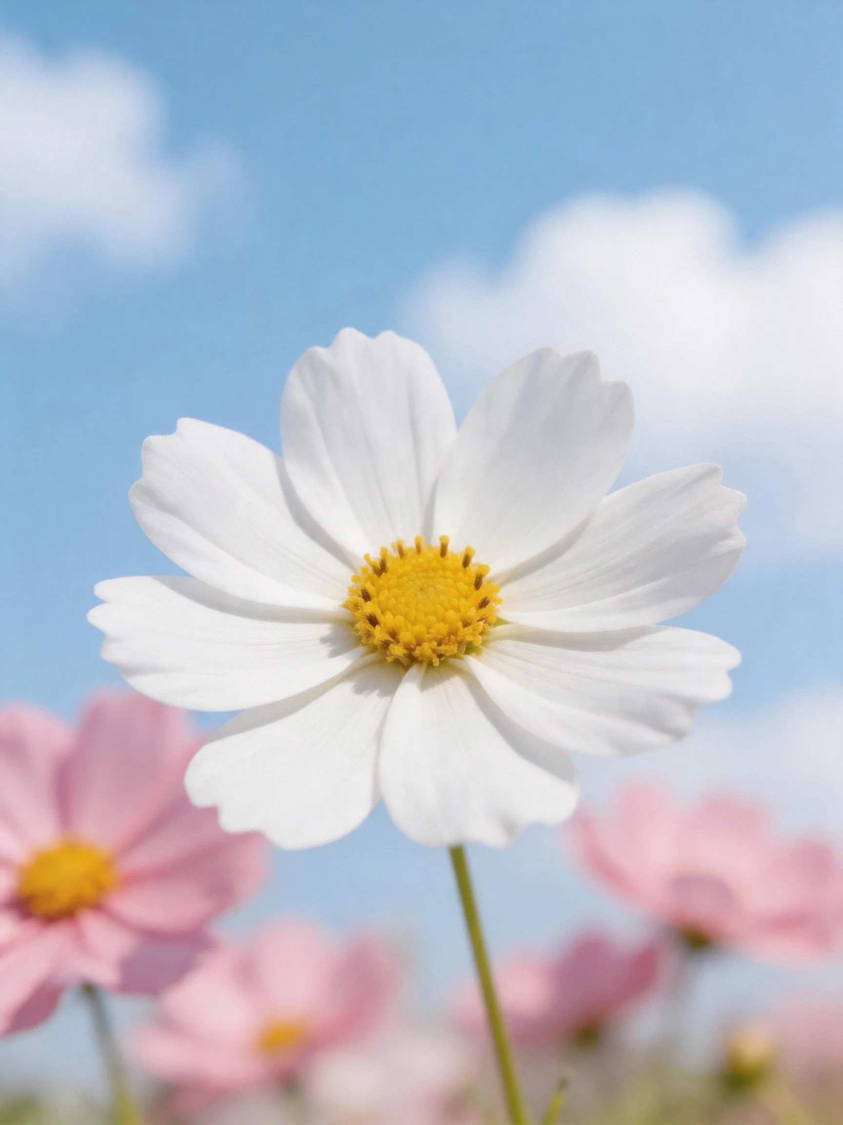Single white cosmos flower with pink blooms under blue sky
