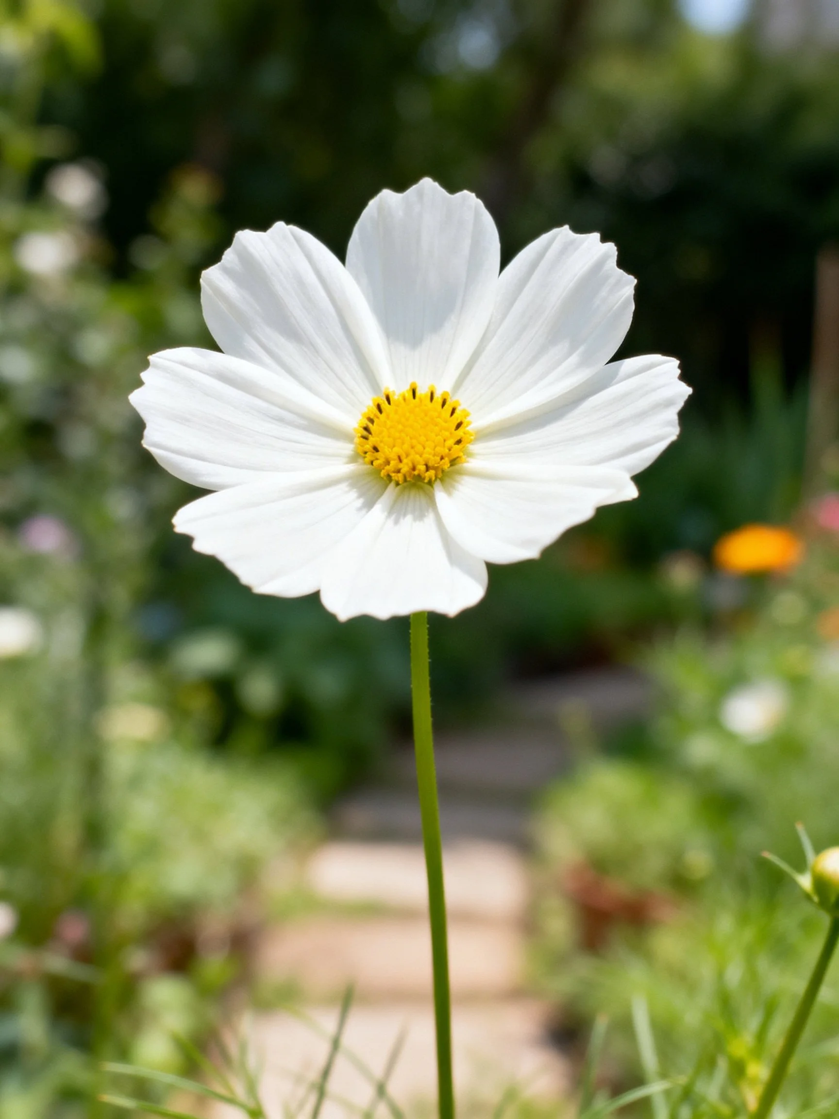 Single white cosmos flower with vibrant yellow center