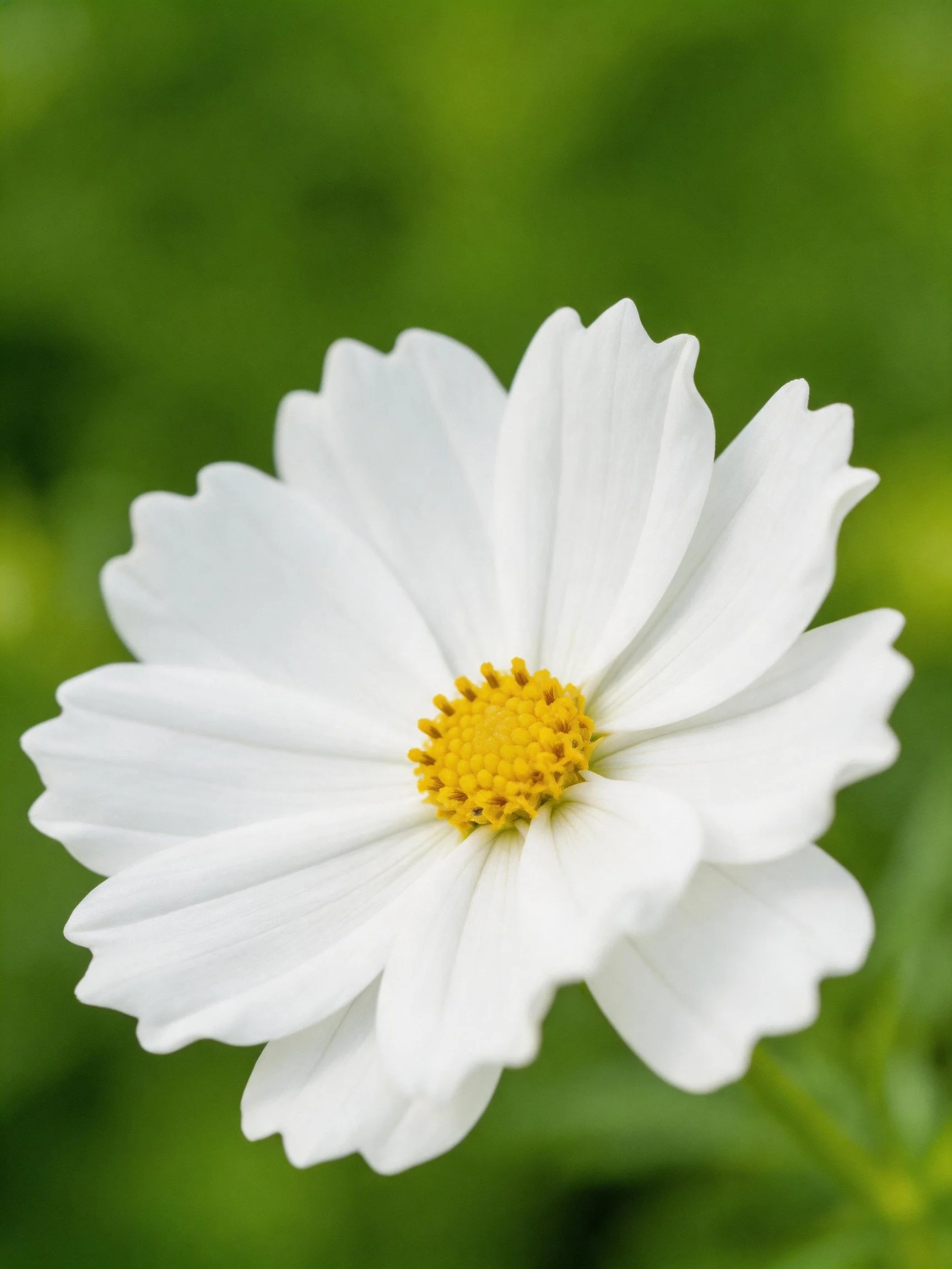 Single white cosmos flower with yellow center