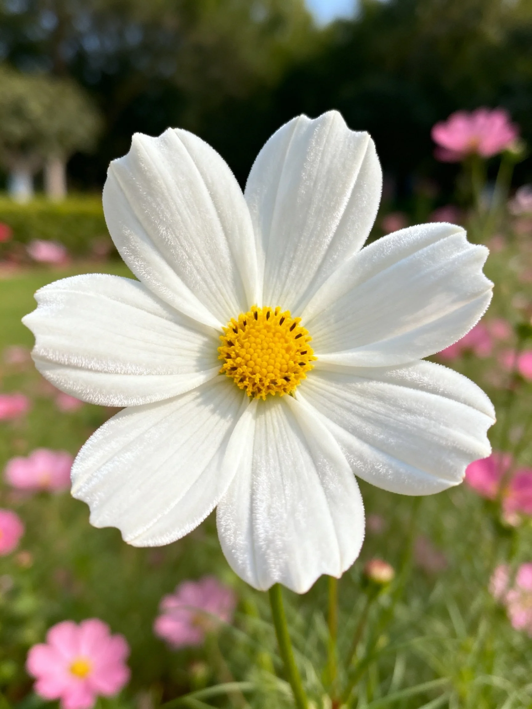 Single white cosmos flower with yellow center in garden