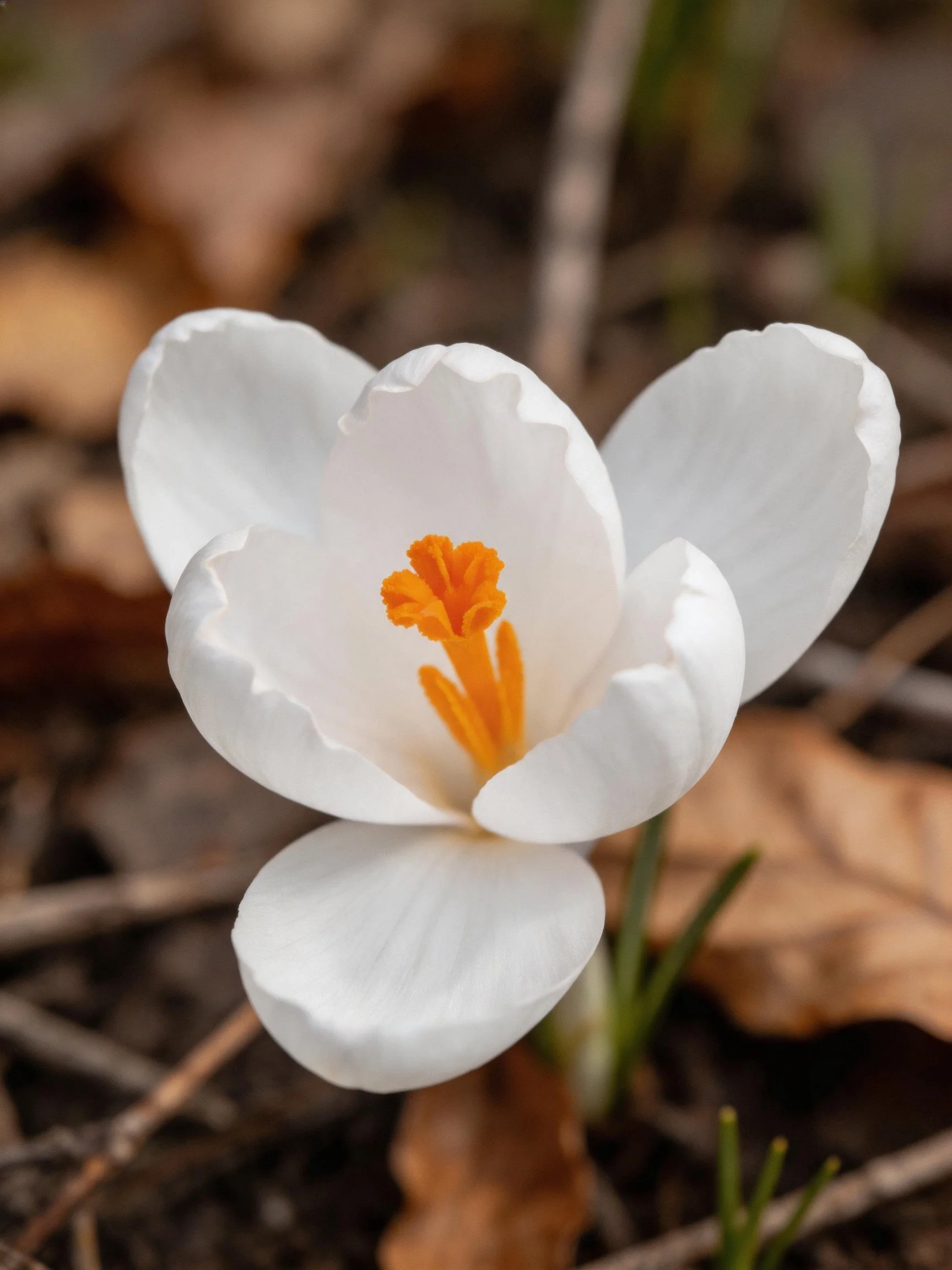Single white crocus bloom with vibrant orange center amid dry leaves
