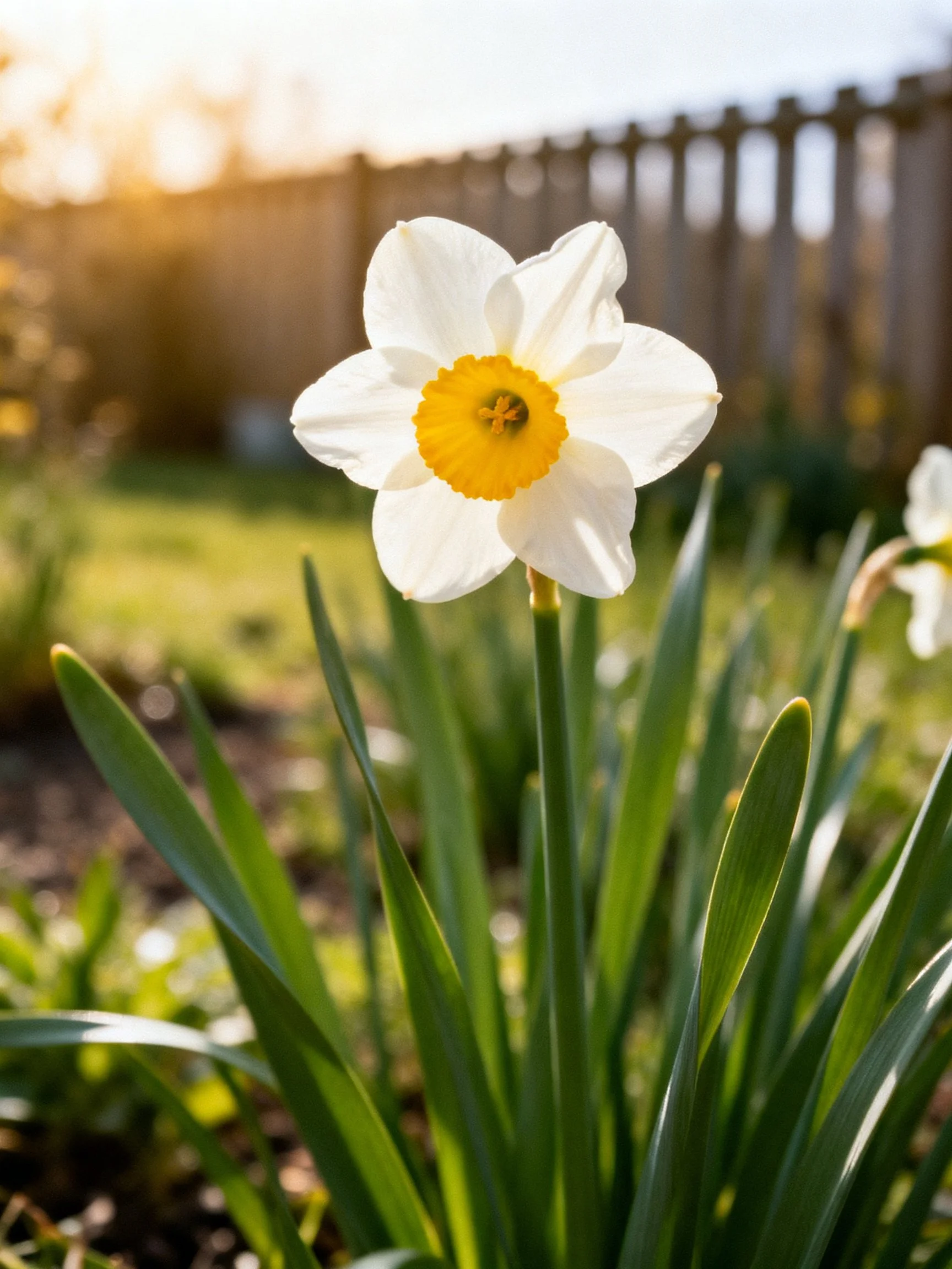 Single white daffodil blooms in sunlit garden