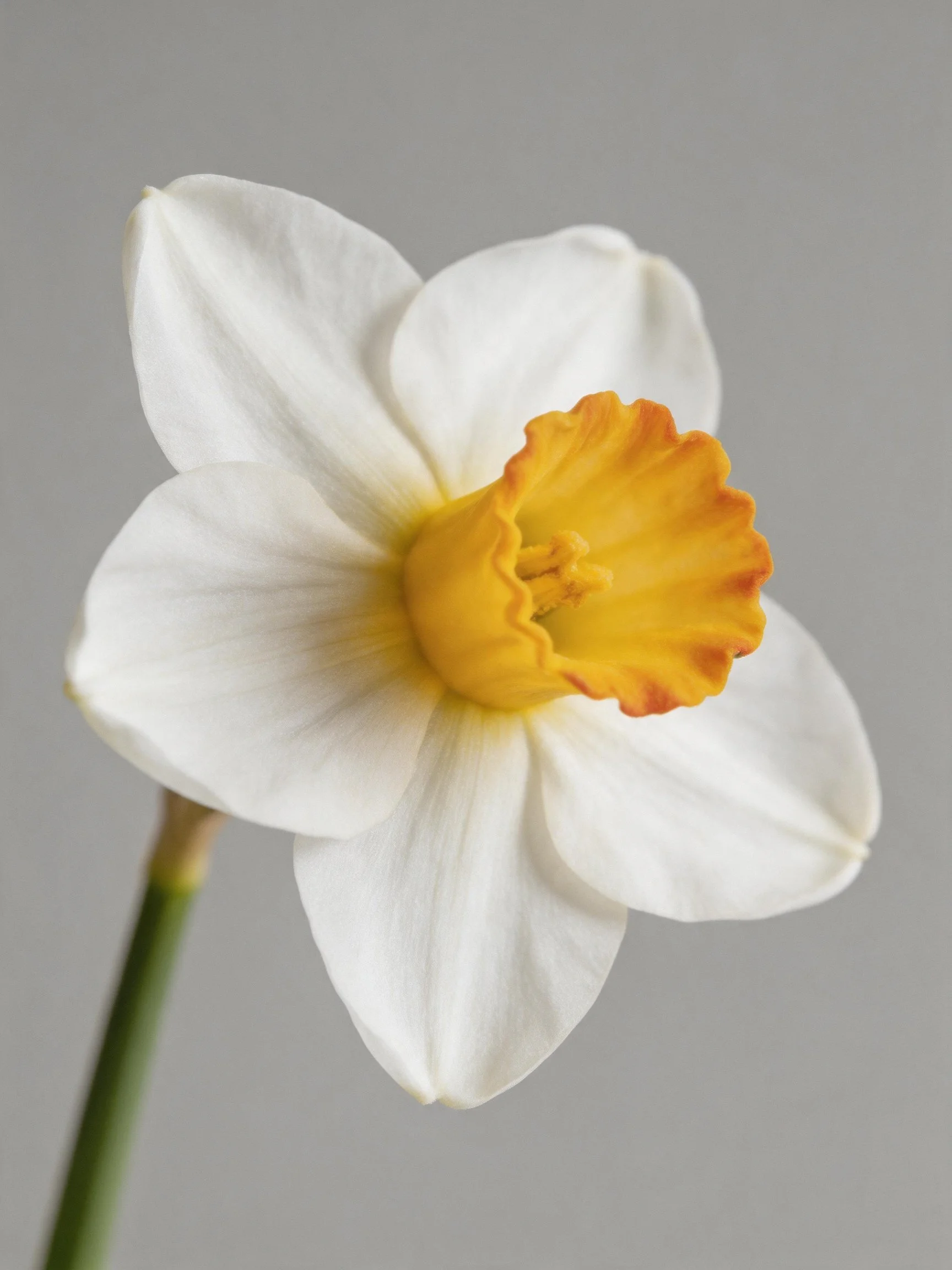 Single white daffodil with vibrant yellow-orange center