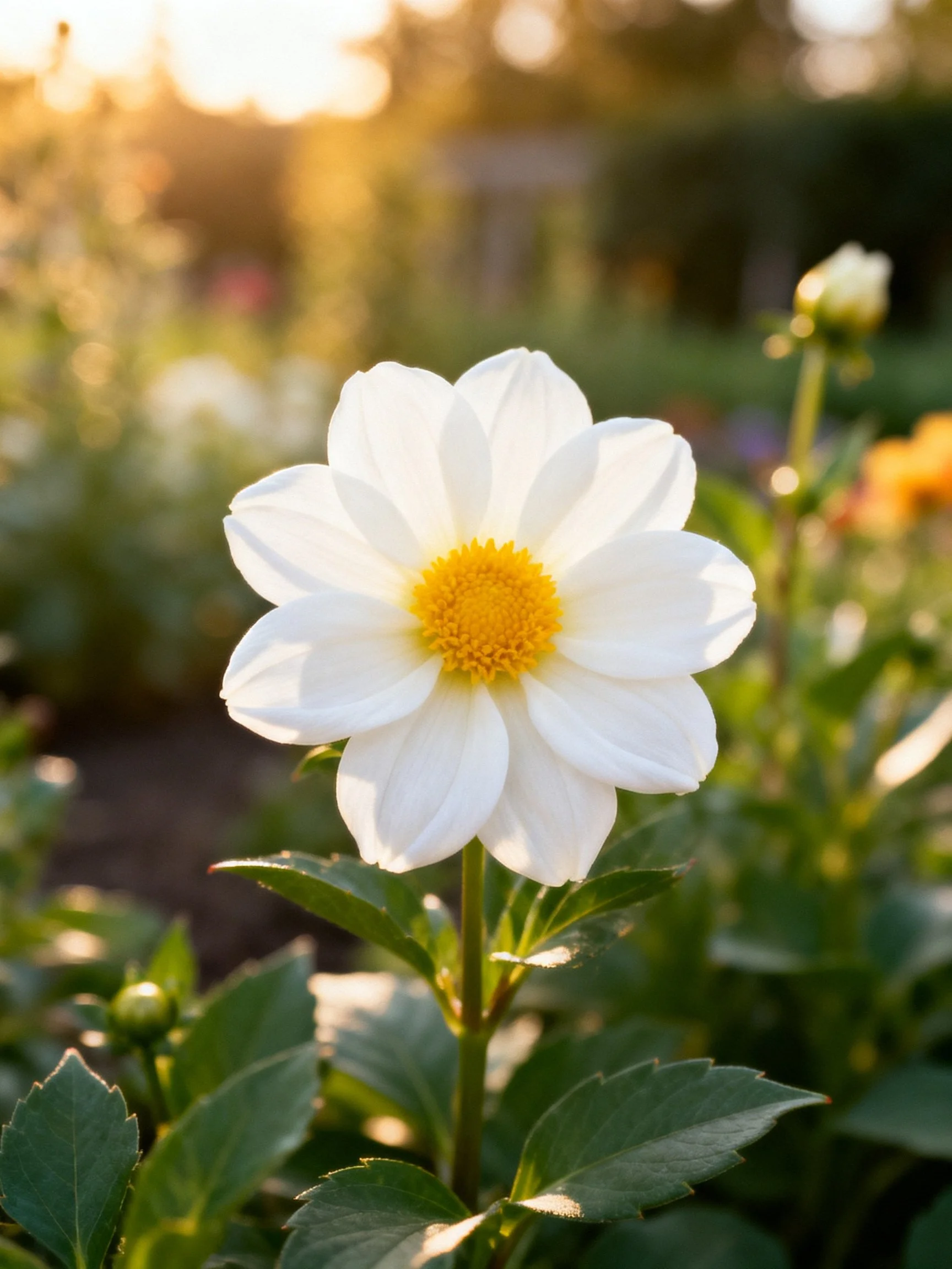 Single white dahlia with bright yellow center in sunlit garden