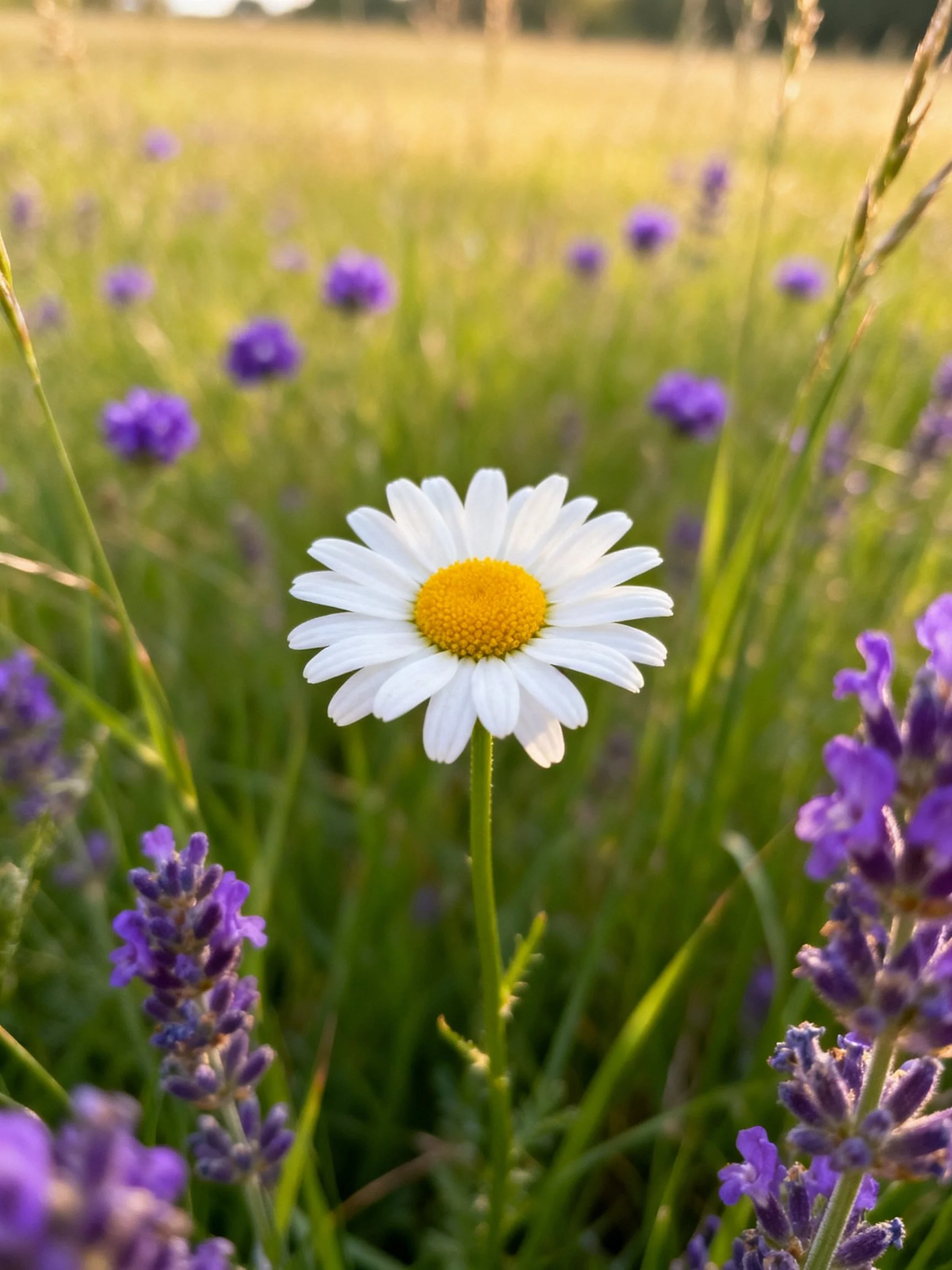Single white daisy amid purple flowers in sunlit meadow